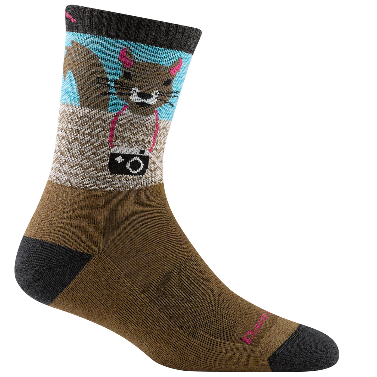 Darn Tough 5001 Critter Club Micro Crew Lightweight Hiking Women&#39;s Sock featuring brown sock with squirrel wearing a camera around its neck on display foot