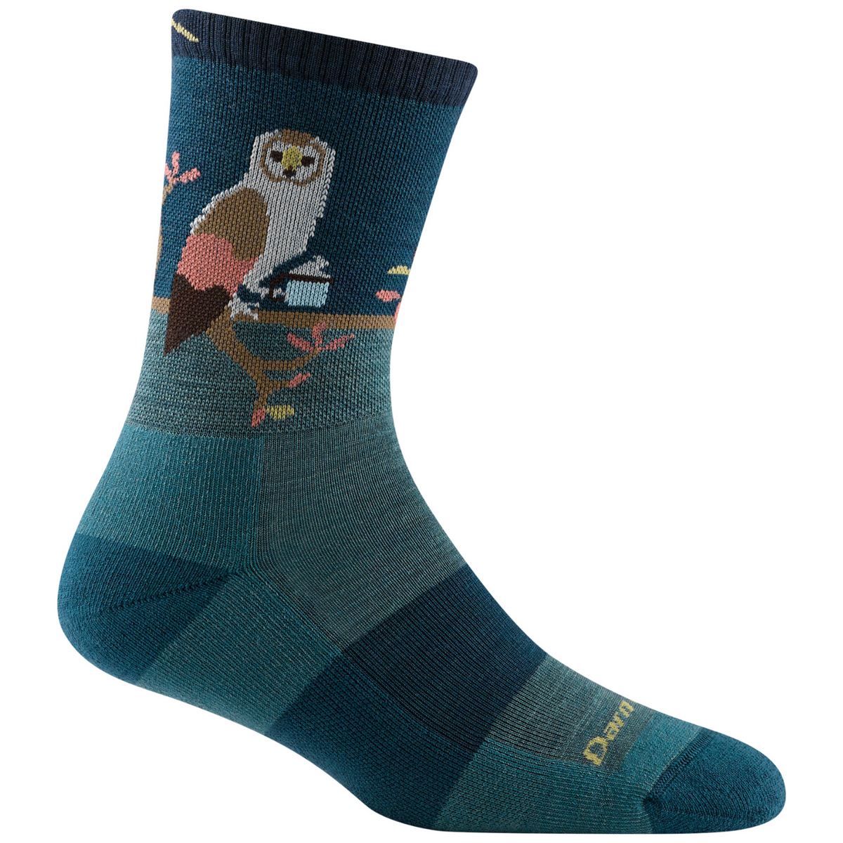 Darn Tough 5001 Critter Club Micro Crew Lightweight Hiking Women&#39;s Sock featuring teal sock with owl holding a cup of coffee on display foot