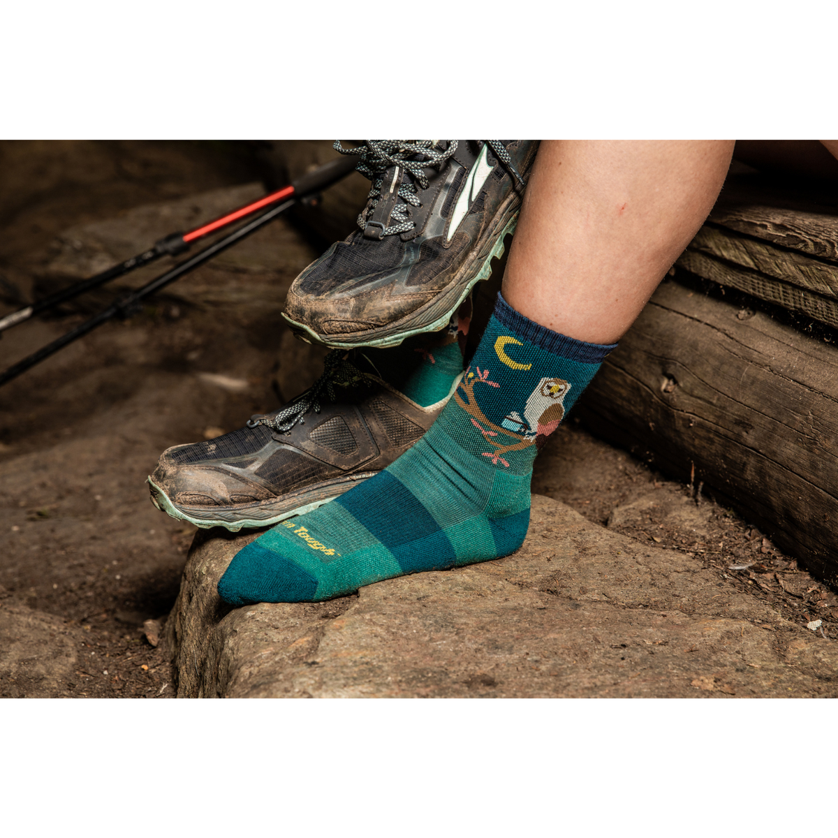 Darn Tough 5001 Critter Club Micro Crew Lightweight Hiking Women&#39;s Sock featuring teal sock with owl holding a cup of coffee with moon in background on model&#39;s foot
