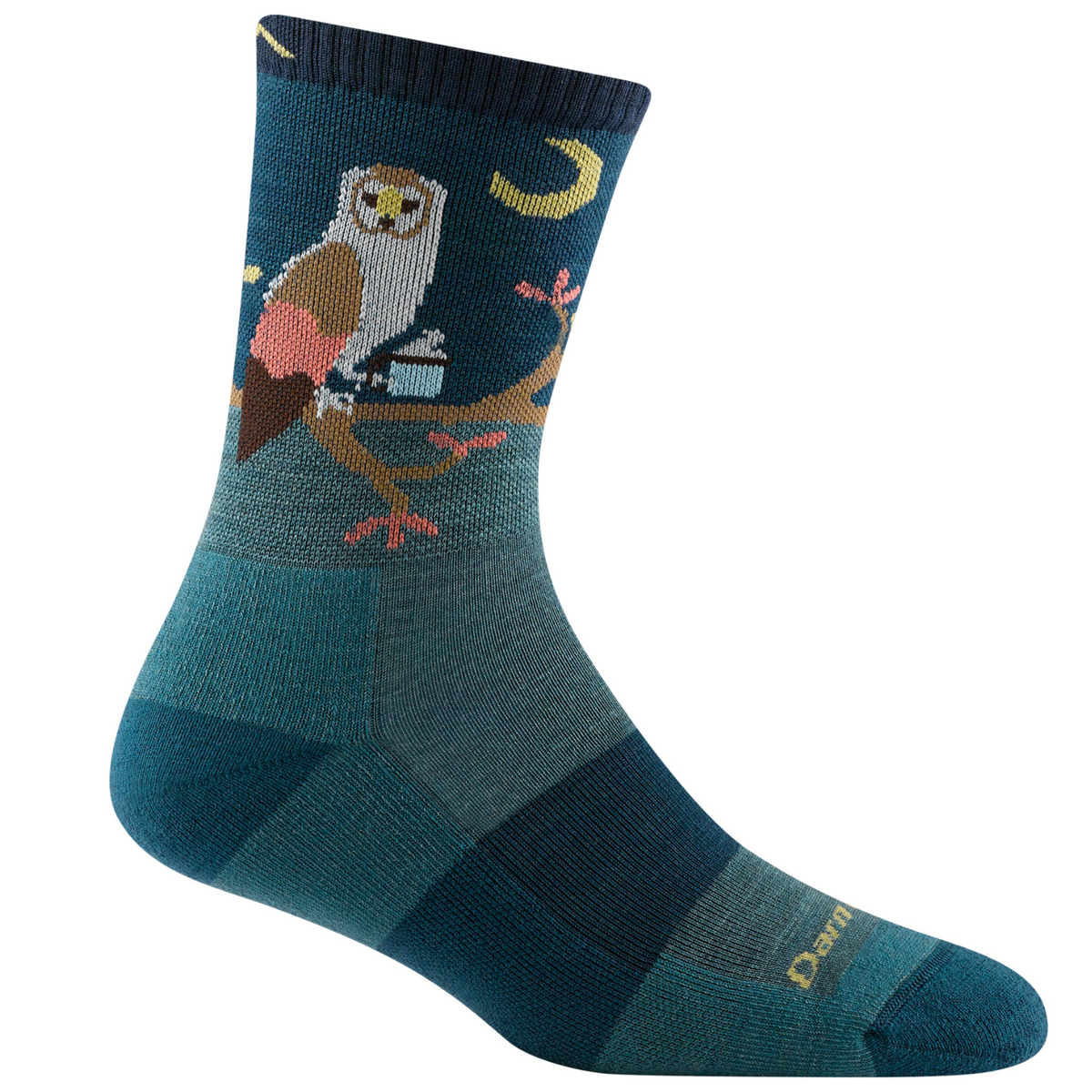 Darn Tough 5001 Critter Club Micro Crew Lightweight Hiking Women&#39;s Sock featuring teal sock with owl holding a cup of coffee with moon in background on display foot
