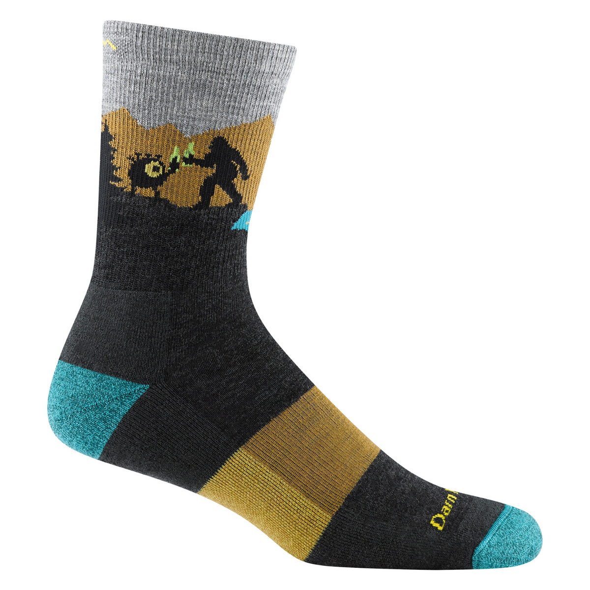 Darn Tough 5014 Close Encounters Hiker Micro Crew Midweight with Cushion Men&#39;s Sock featuring gray sock with Big Foot, an alien, and the Loch Ness Monster in the woods shown on a display foot