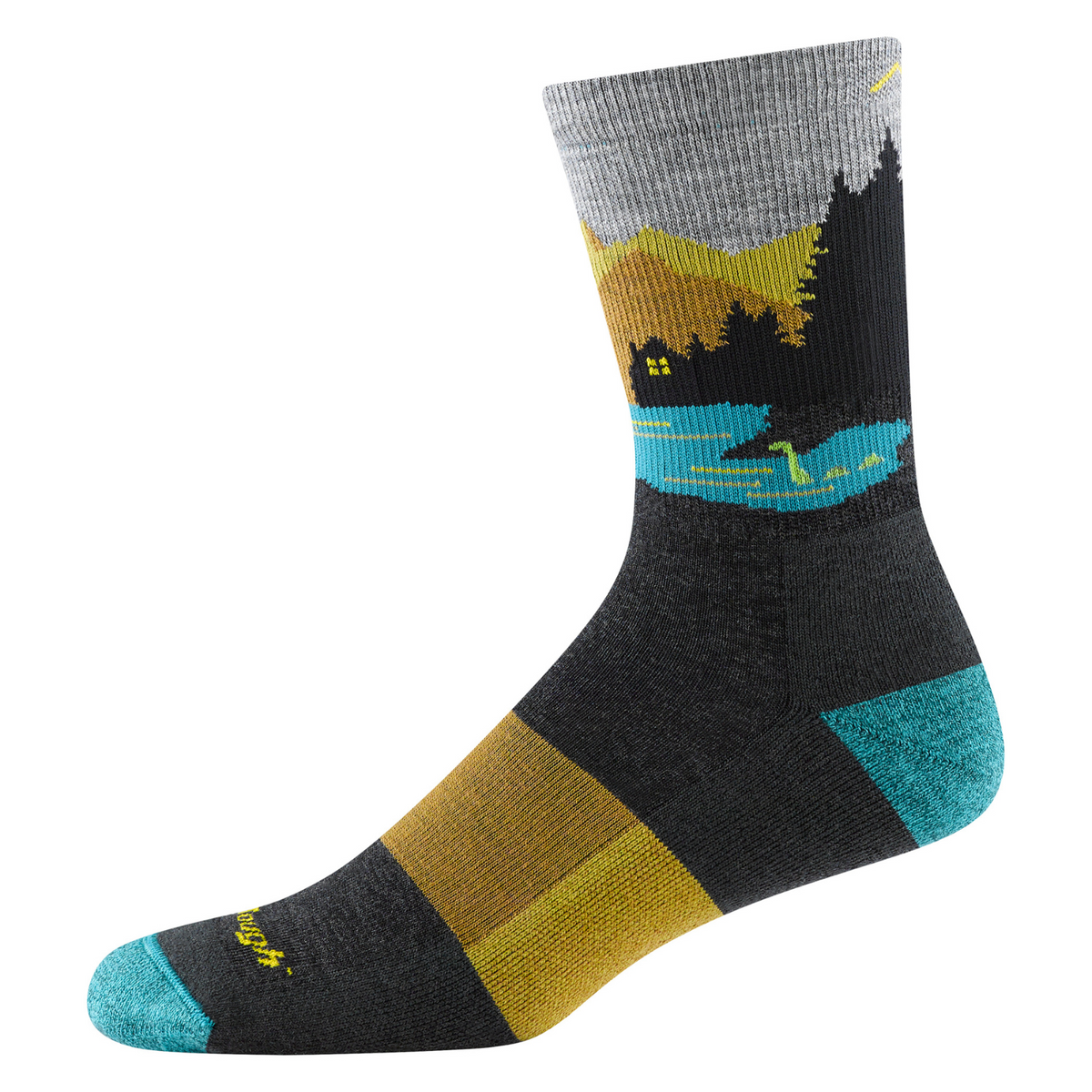 Darn Tough 5014 Close Encounters Hiker Micro Crew Midweight with Cushion Men&#39;s Sock featuring gray sock with Big Foot, an alien, and the Loch Ness Monster in the woods shown on a display foot from the side with the Loch Ness Monster