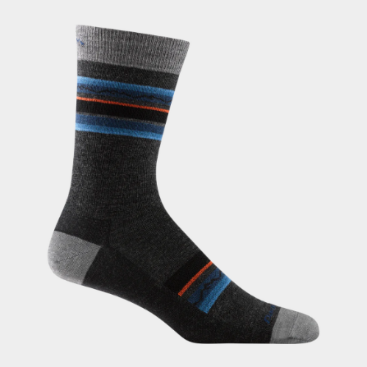 Darn Tough 6009 Whetstone Crew Lightweight men&#39;s crew sock featuring charcoal grey sock with blue, red, and black stripes at the top. Sock shown on display foot.
