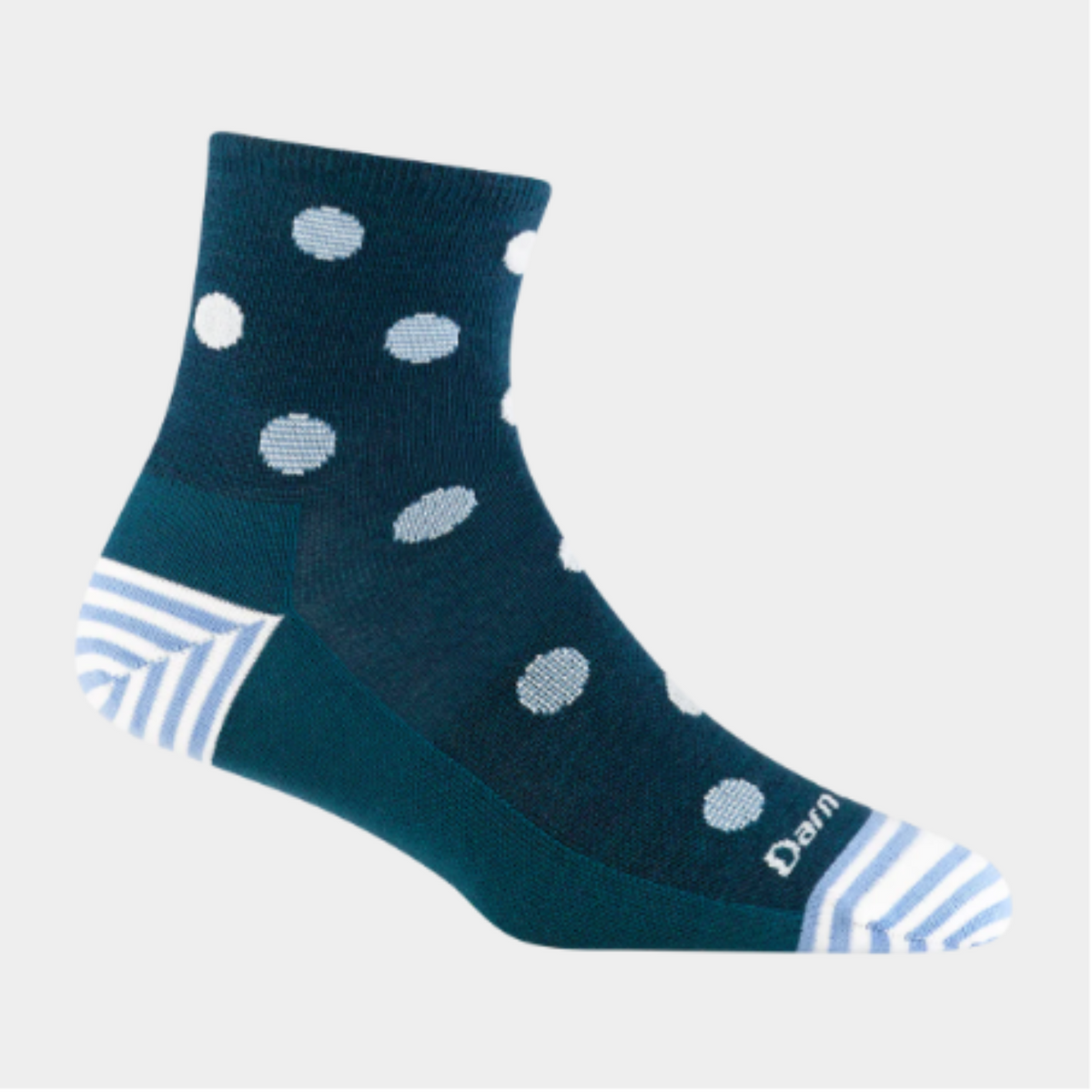 Darn Tough 6103 Dottie Shorty Lightweight Lifestyle women&#39;s quarter-height sock featuring teal blue sock with light blue polka dots all over. Sock shown on display foot. 