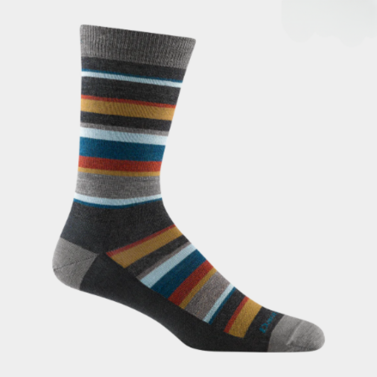 Darn Tough 6090 Druid Crew Lightweight men&#39;s crew sock featuring beige, blue, gray stripes all over. Sock shown on display foot. 