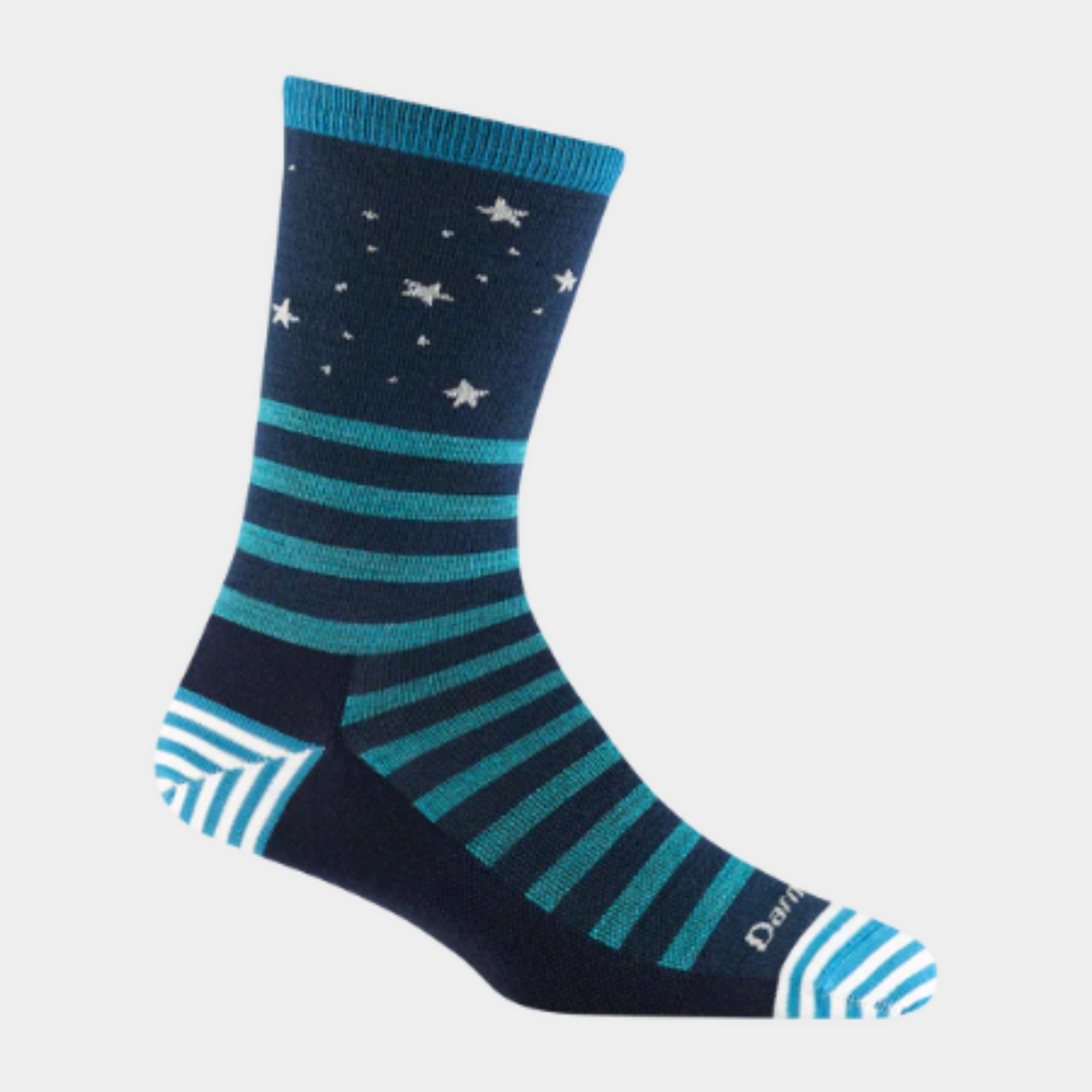 Darn Tough 6037 Animal Haus Lightweight Cushion Crew women&#39;s sock featuring navy blue sock with teal stripes and stars at top. Sock shown on display foot. 