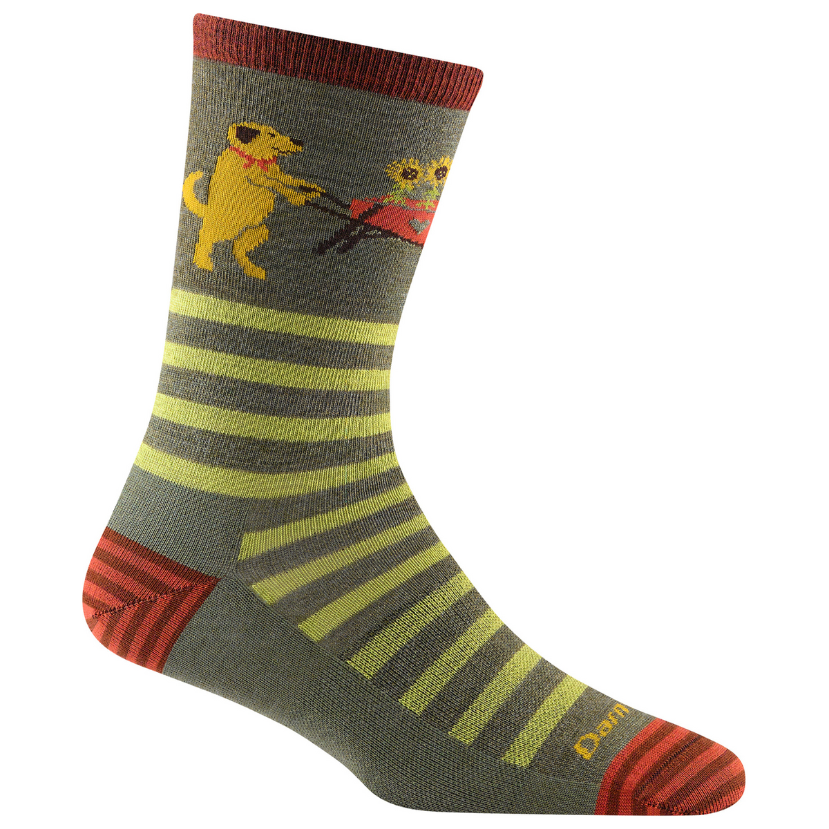 Darn Tough 6037 Animal Haus Lightweight Cushion Crew women&#39;s sock featuring olive green sock with green stripes and yellow dog with wheelbarrow of sunflowers at top. Sock shown on display foot. 