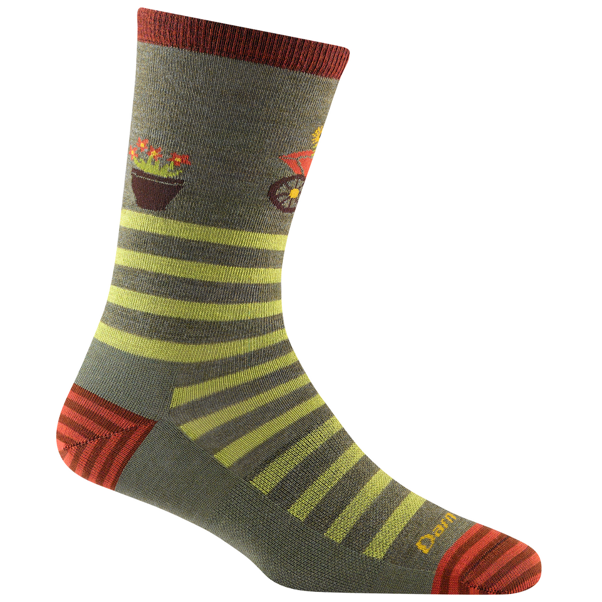 Darn Tough 6037 Animal Haus Lightweight Cushion Crew women&#39;s sock featuring olive green sock with green stripes and yellow dog with wheelbarrow of sunflowers at top. Sock shown on display foot. 