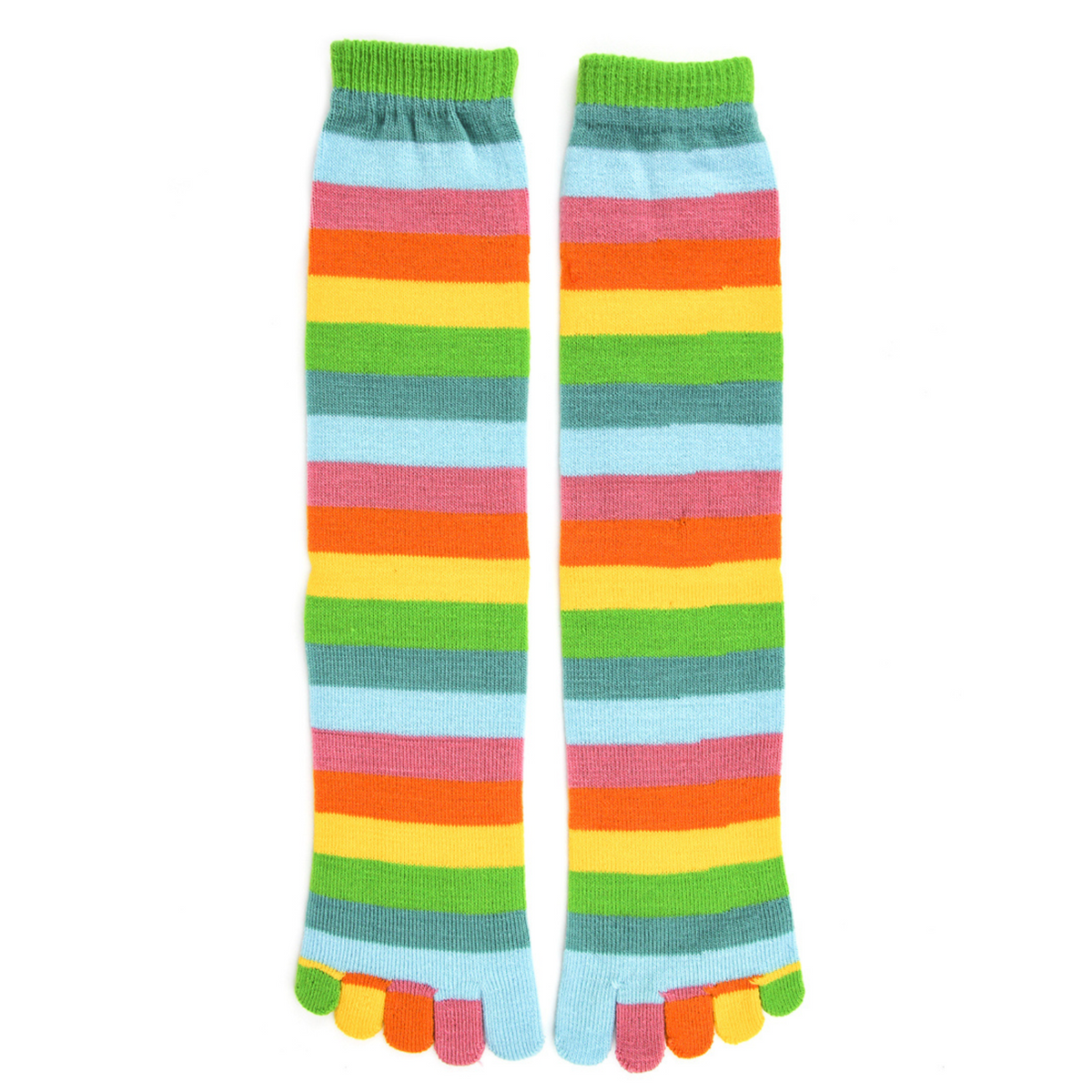 Foot Traffic Rainbow Toe Socks women&#39;s knee high sock featuring socks with five toes and stripes on display
