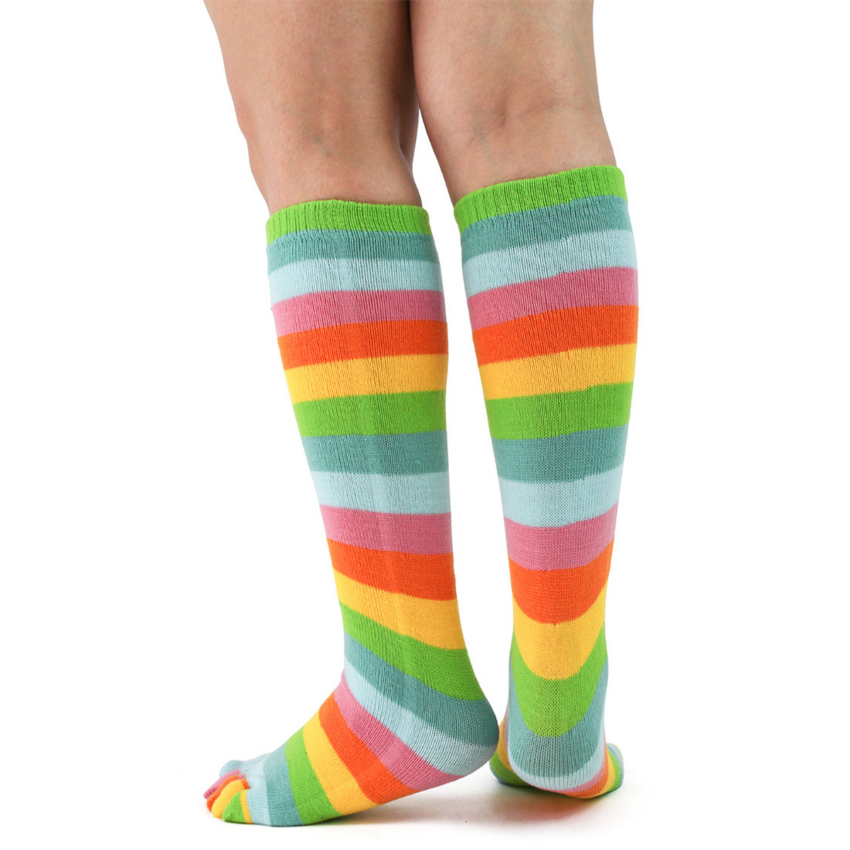 Foot Traffic Rainbow Toe Socks women&#39;s knee high sock featuring socks with five toes and stripes worn by model seen from back