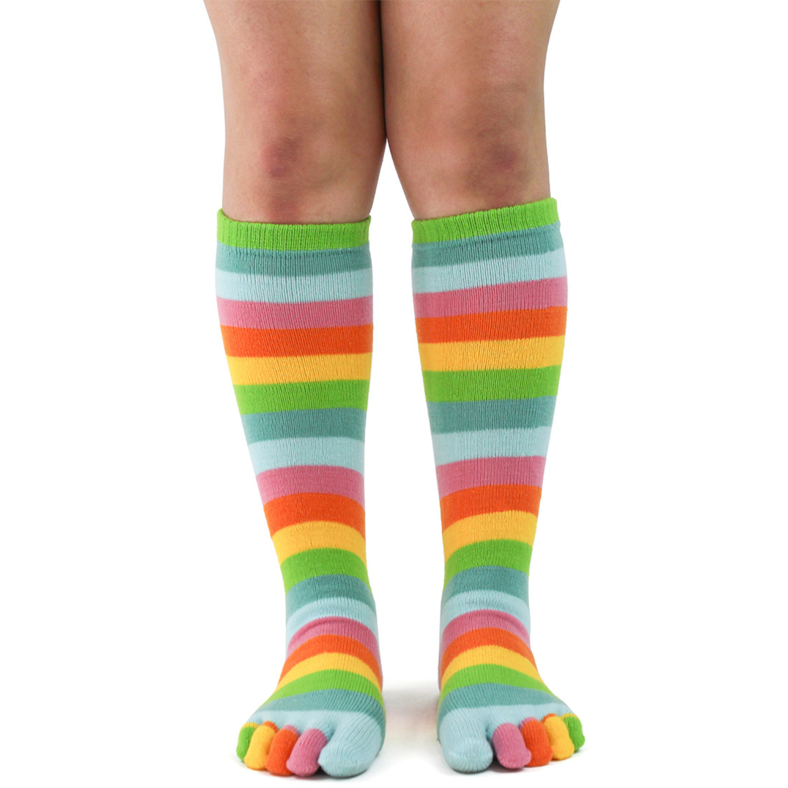 Foot Traffic Rainbow Toe Socks women's knee high sock featuring socks with five toes and stripes worn by model seen from front