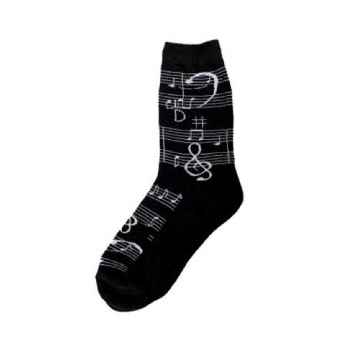 Foot Traffic Music Notes women&#39;s crew sock featuring black sock with white music score on display