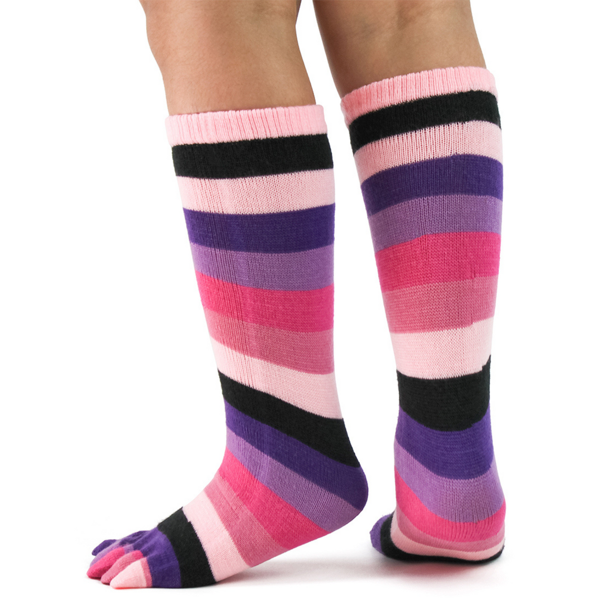 Foot Traffic Pink Stripe knee high Toe Socks kids&#39; featuring shades of pink and purple stripes worn by model from back