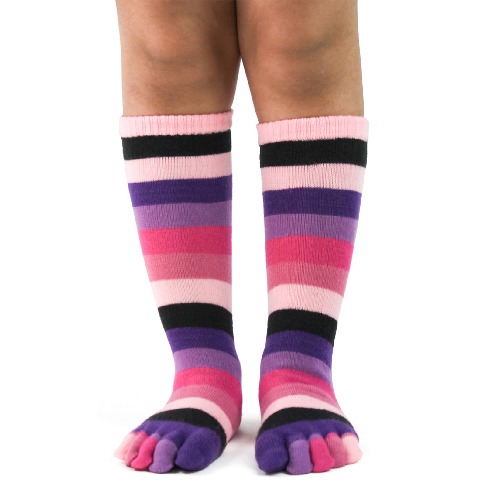 Foot Traffic Pink Stripe knee high Toe Socks kids' featuring shades of pink and purple stripes worn by model from front