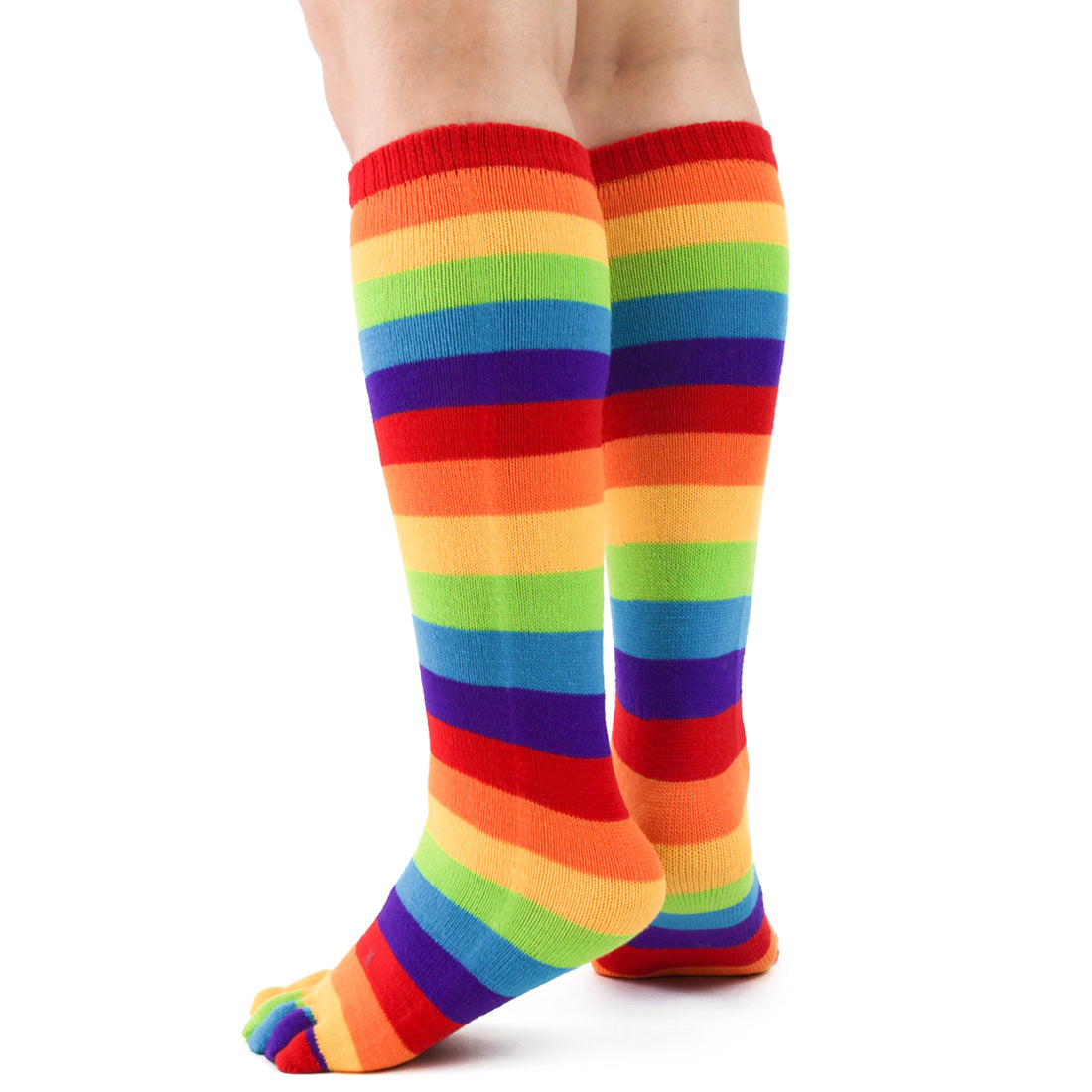 Foot Traffic Rainbow Toe Socks women&#39;s knee high sock featuring socks with five toes and rainbow stripes worn by model seen from back
