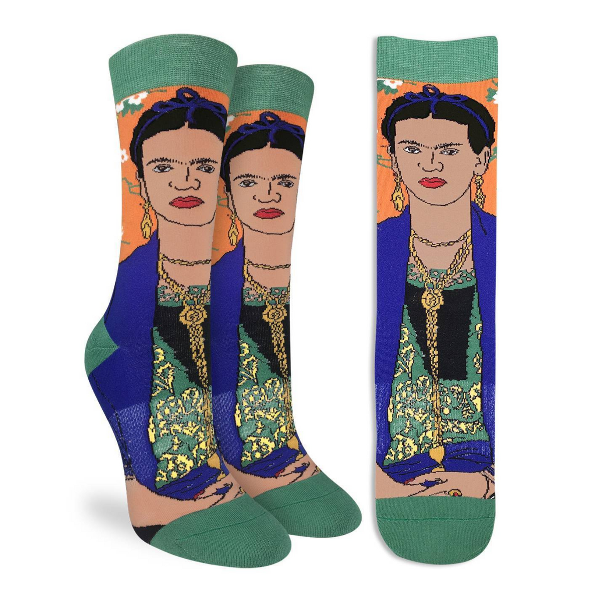 Good Luck Sock women&#39;s green crew sock featuring Frida Kahlo Self Portrait on display
