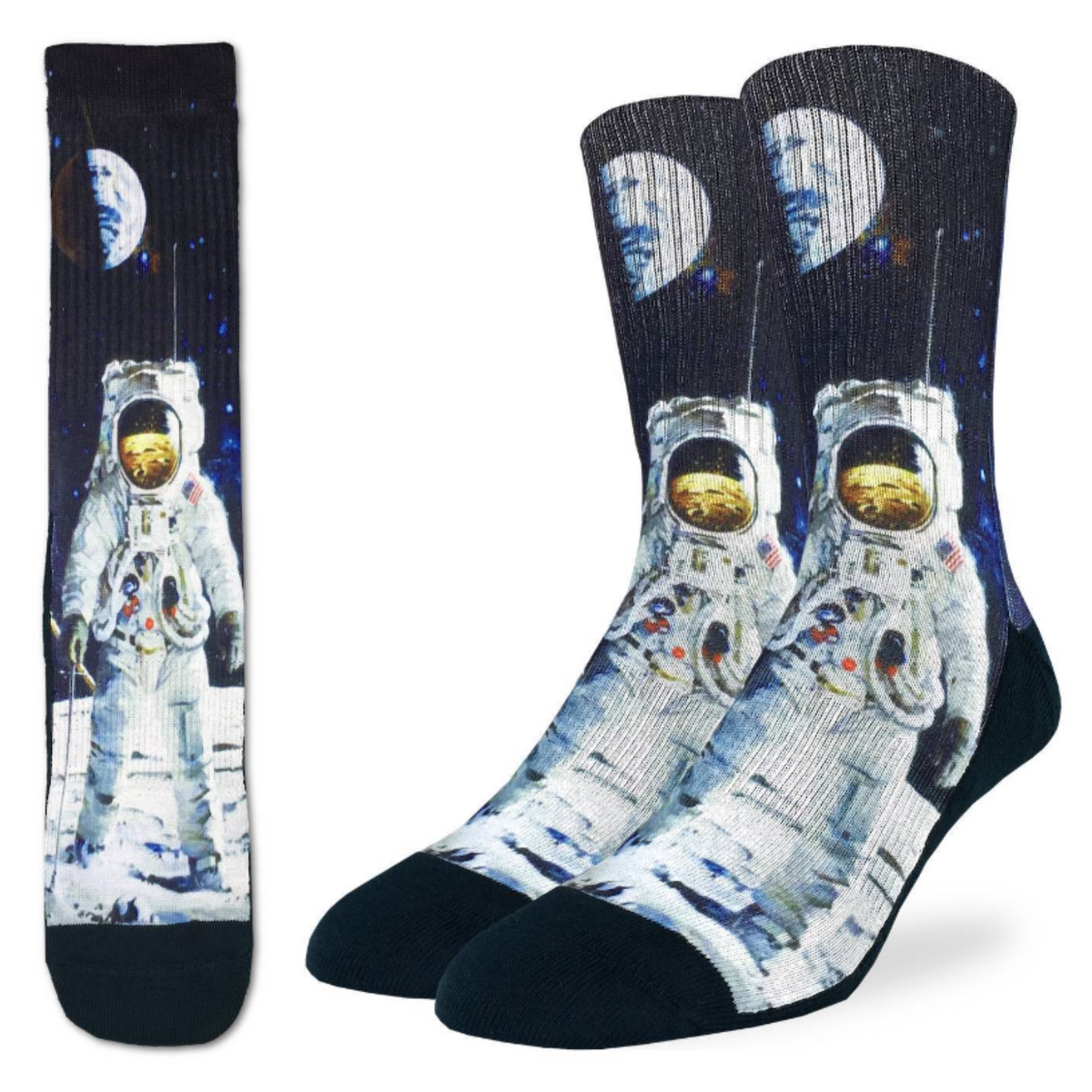 Good Luck Sock Apollo Astronaut men&#39;s crew sock featuring black sock with image of Apollo astronaut on the moon. Socks shown on display feet. 