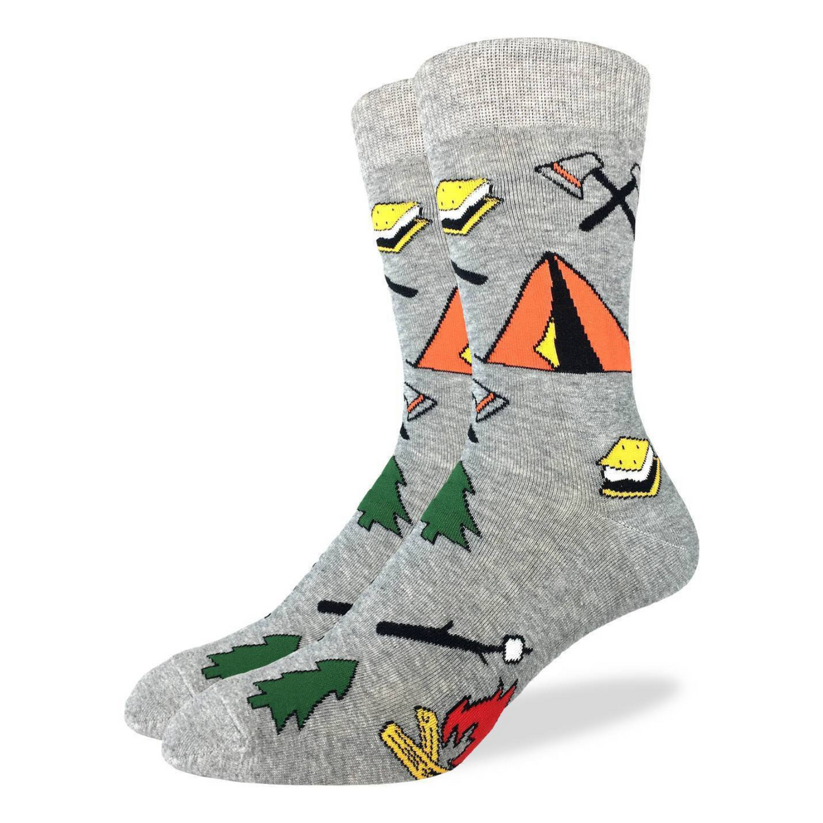 Good Luck Sock with images of Camping men&#39;s gray crew sock featuring tent, tree, smores, and campfire on display feet