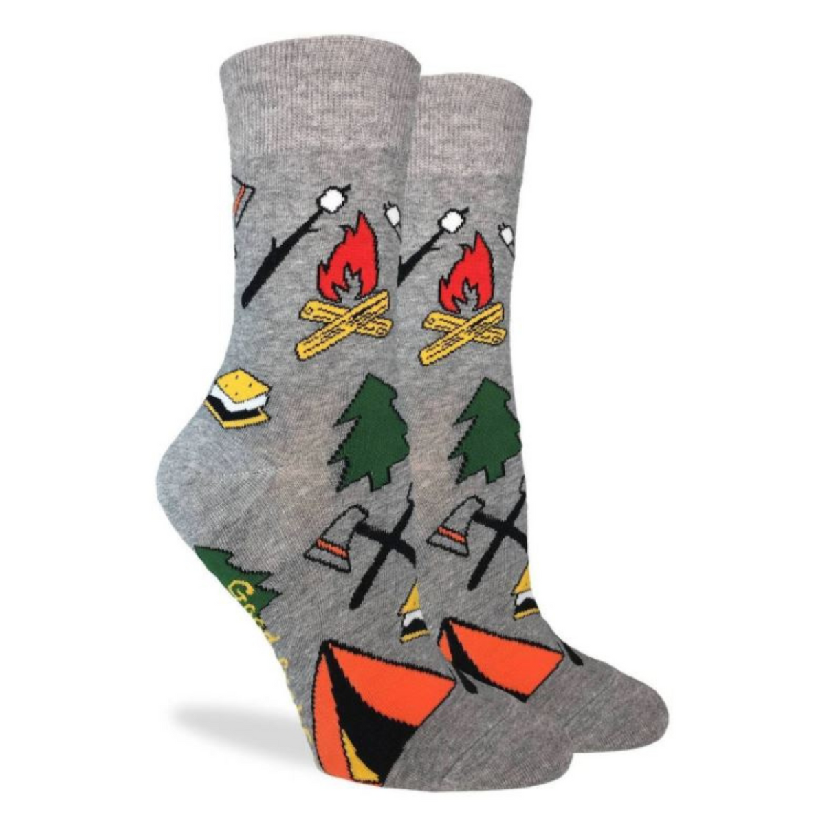 Good Luck Sock with images of Camping women&#39;s gray crew sock featuring tent, tree, smores, and campfire on display feet