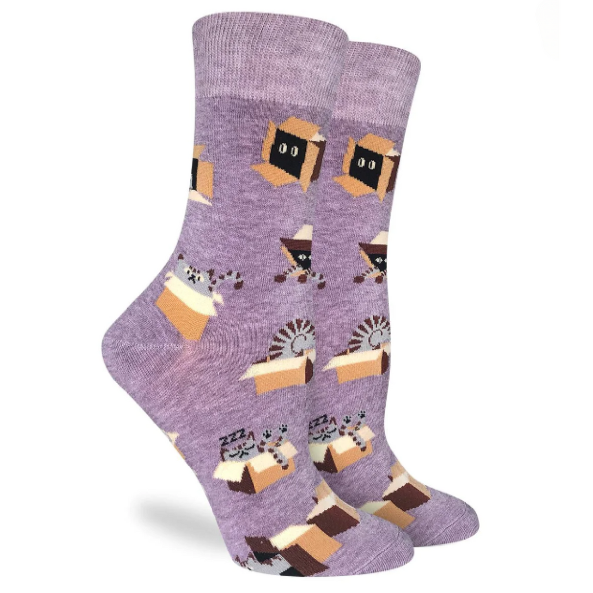 Good Luck Sock Cat In A Box women&#39;s crew sock featuring purple socks with cats playing in boxes all over. Socks shown on model&#39;s feet. 