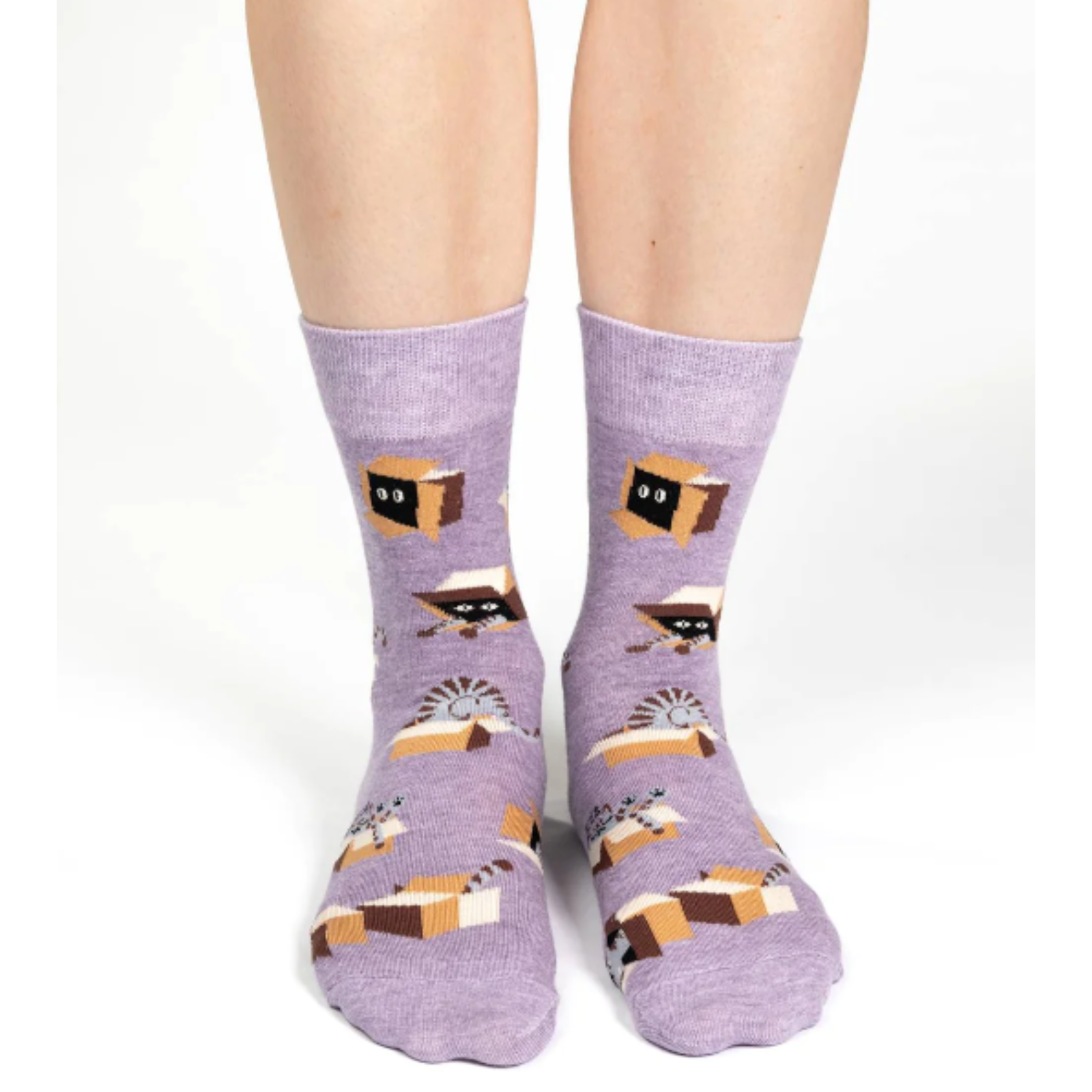 Good Luck Sock Cat In A Box women's crew sock featuring purple socks with cats playing in boxes all over. Socks shown on model's feet. 