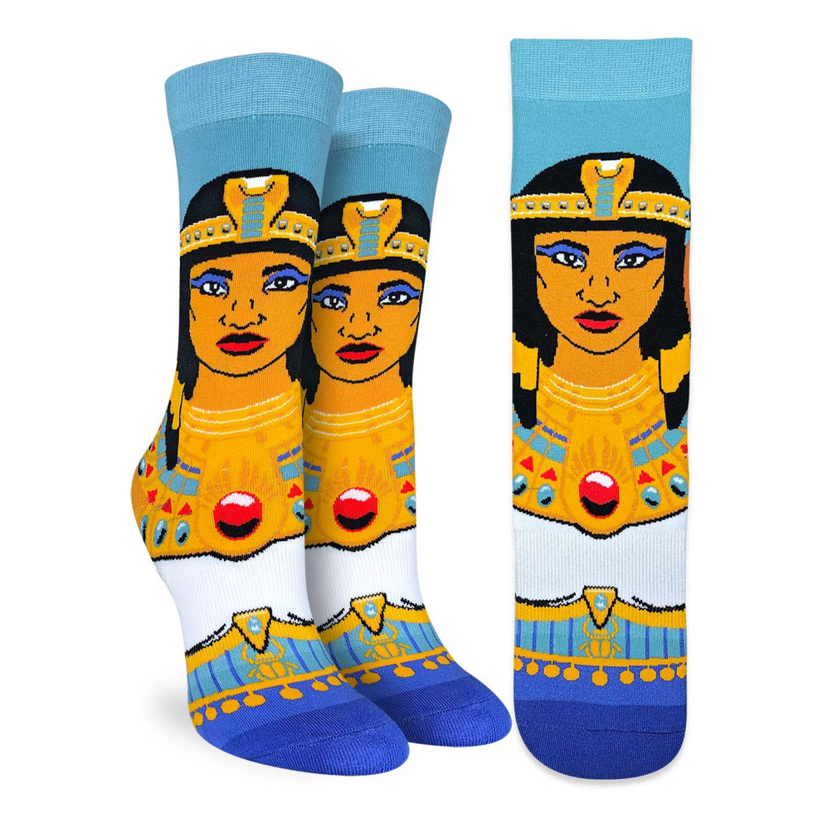 Good Luck Sock Cleopatra women&#39;s sock featuring the face of Cleopatra wearing a crown on display