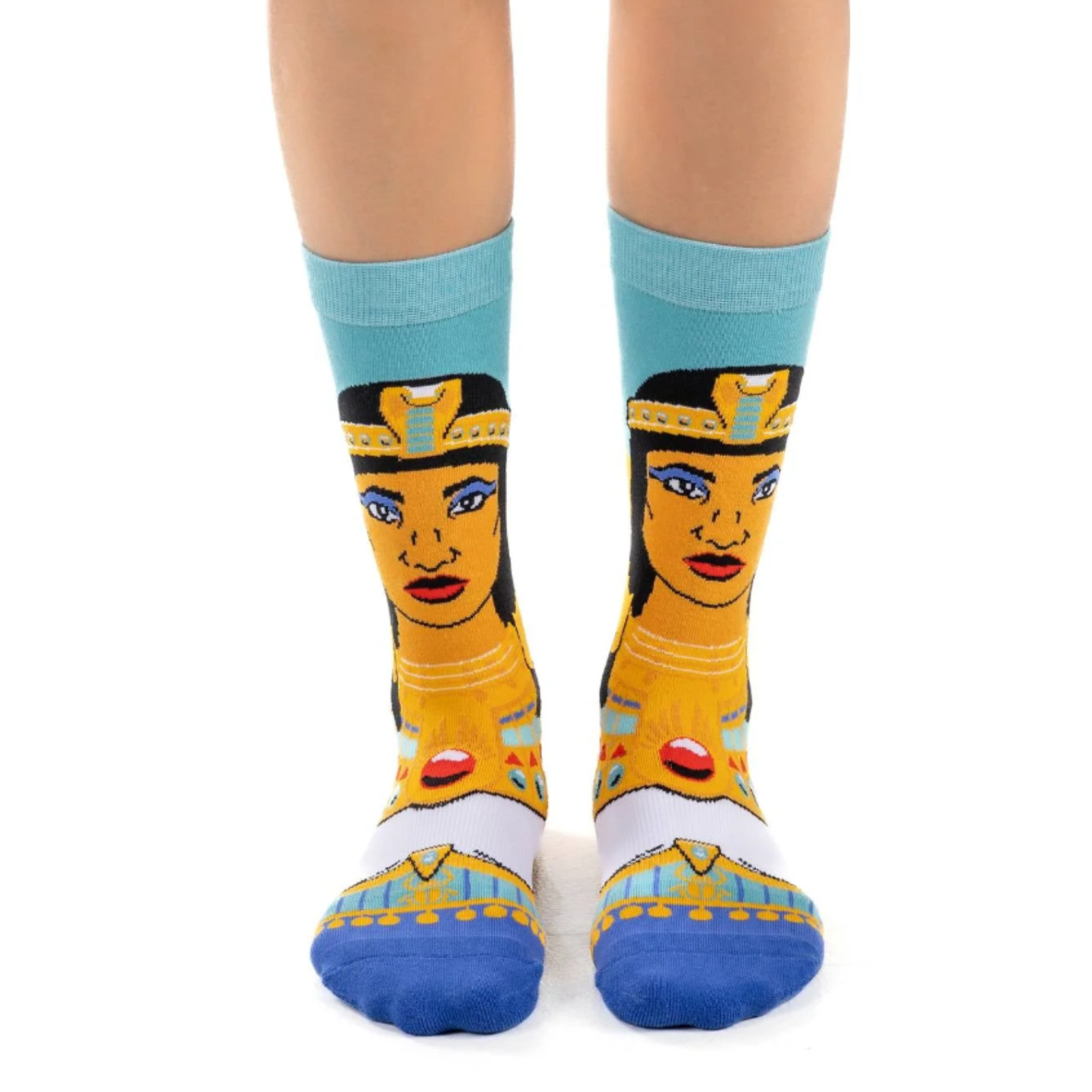 Worn by a model, Good Luck Sock Cleopatra women's sock featuring the face of Cleopatra wearing a crown