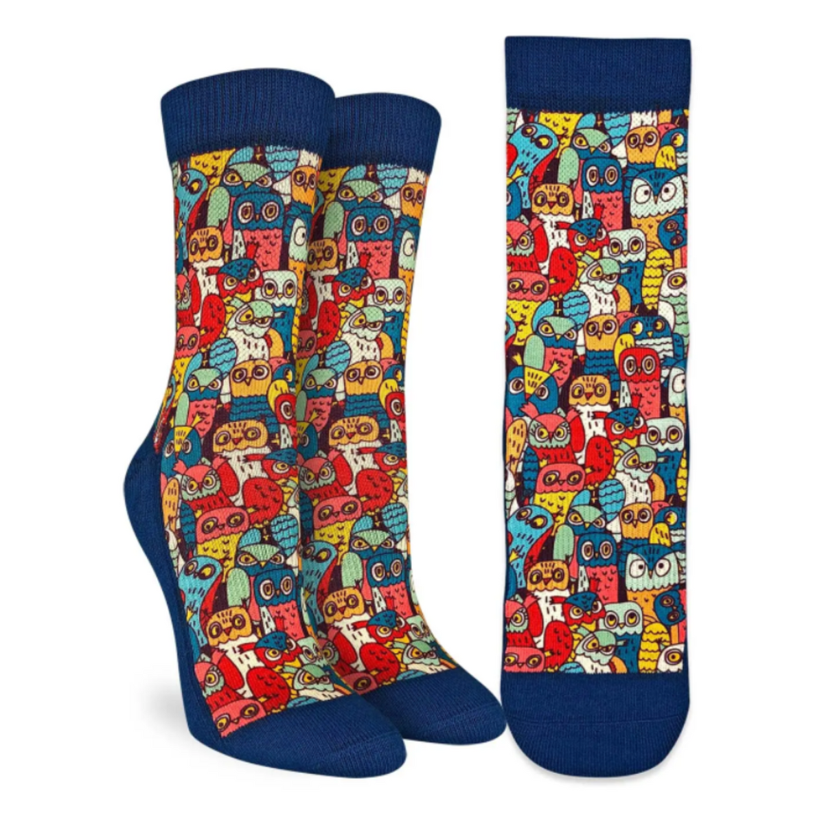 Good Luck Sock Funny Owls women&#39;s sock featuring blue cuff, toe, and heel with cartoon owls all on display