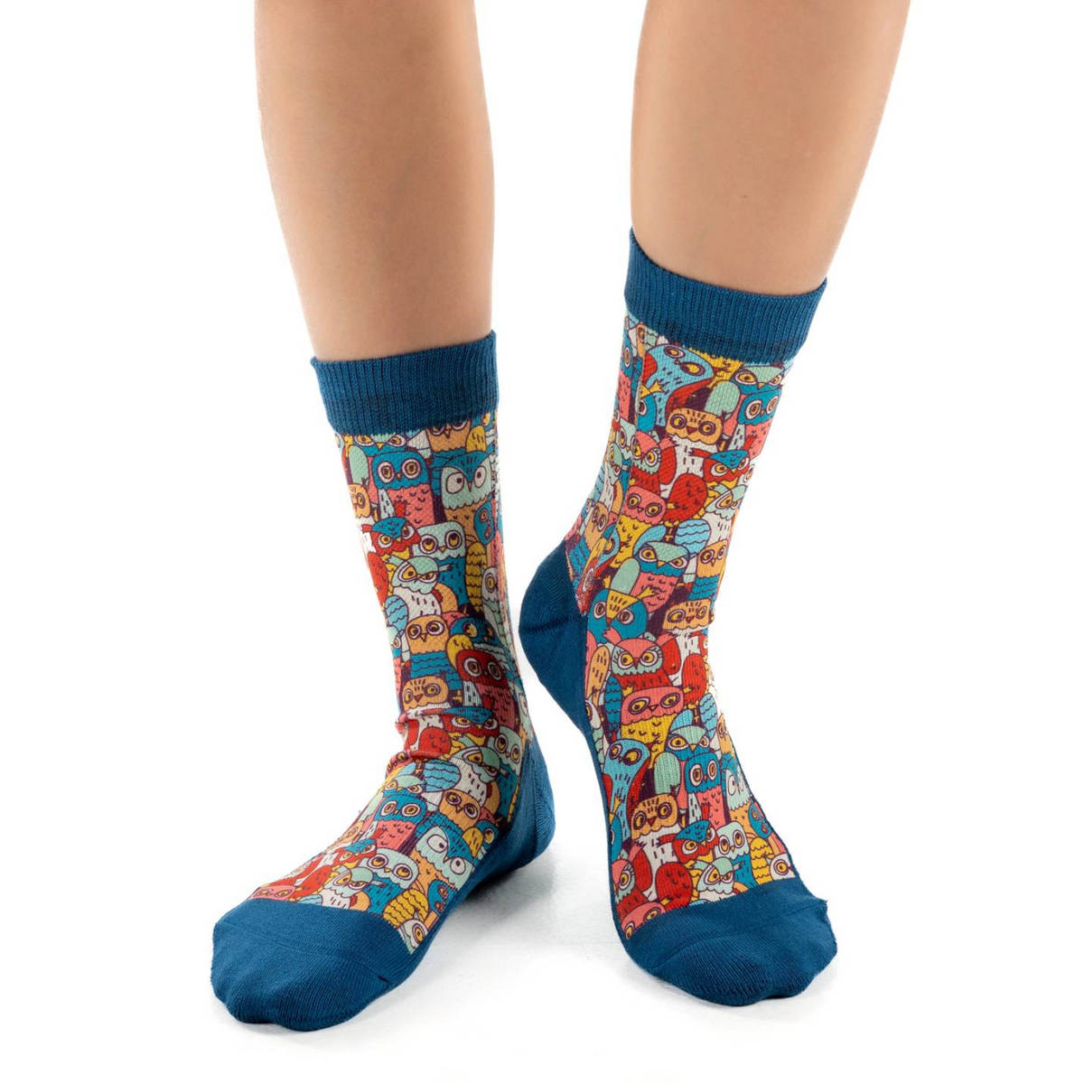Good Luck Sock Funny Owls women&#39;s sock featuring blue cuff, toe, and heel with cartoon owls all over worn by model