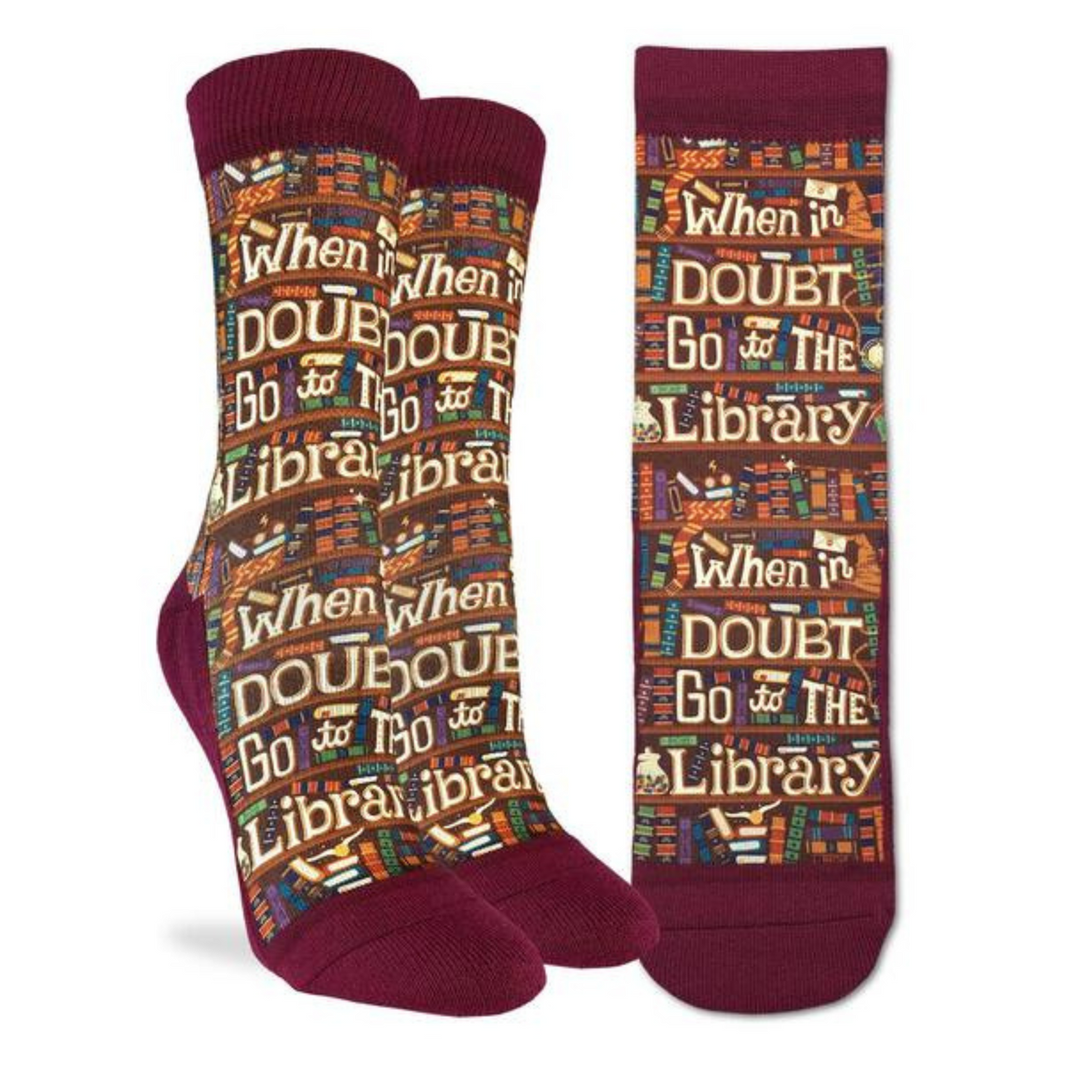 Good Luck Sock women&#39;s burgundy crew sock that says When In Doubt Go To The Library shown on display feet