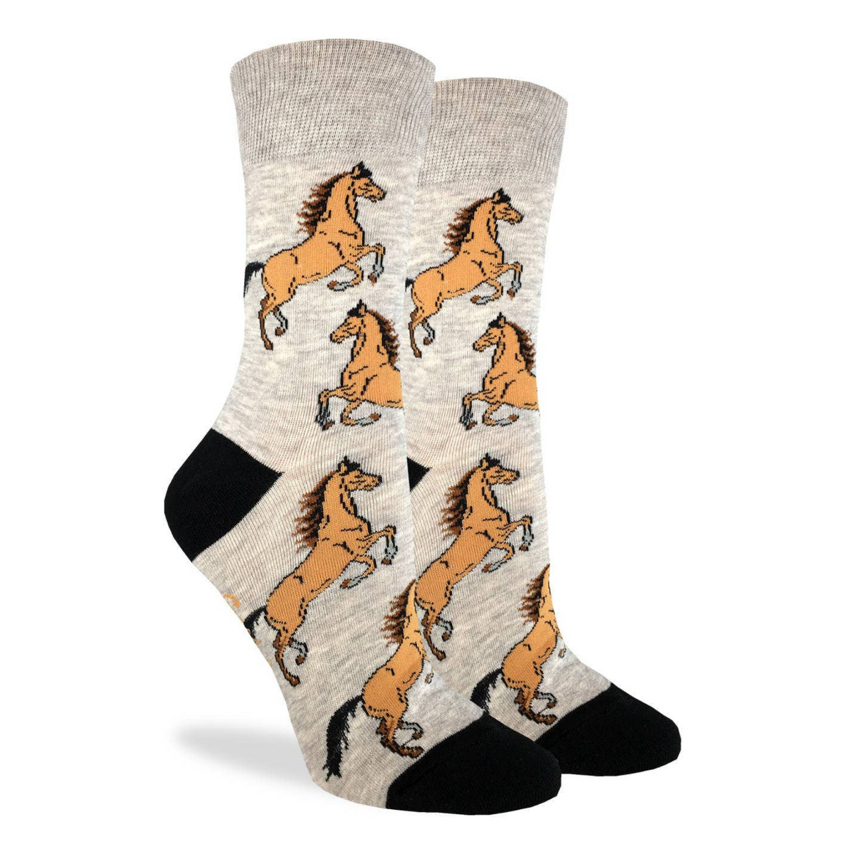 Good Luck Sock women&#39;s gray crew sock with brown horses all over on display feet
