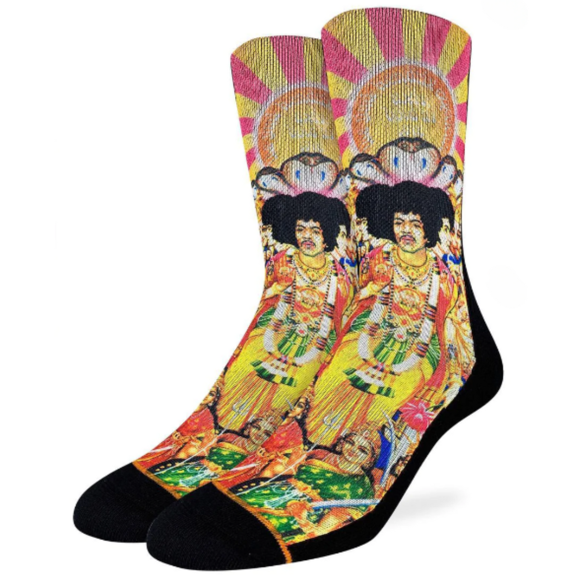 Good Luck Sock Jimi Hendrix, Axis: Bold As Love men&#39;s crew sock featuring album art from Jimi Hendrix Experience Axis Bold As Love. Socks shown on display feet. 