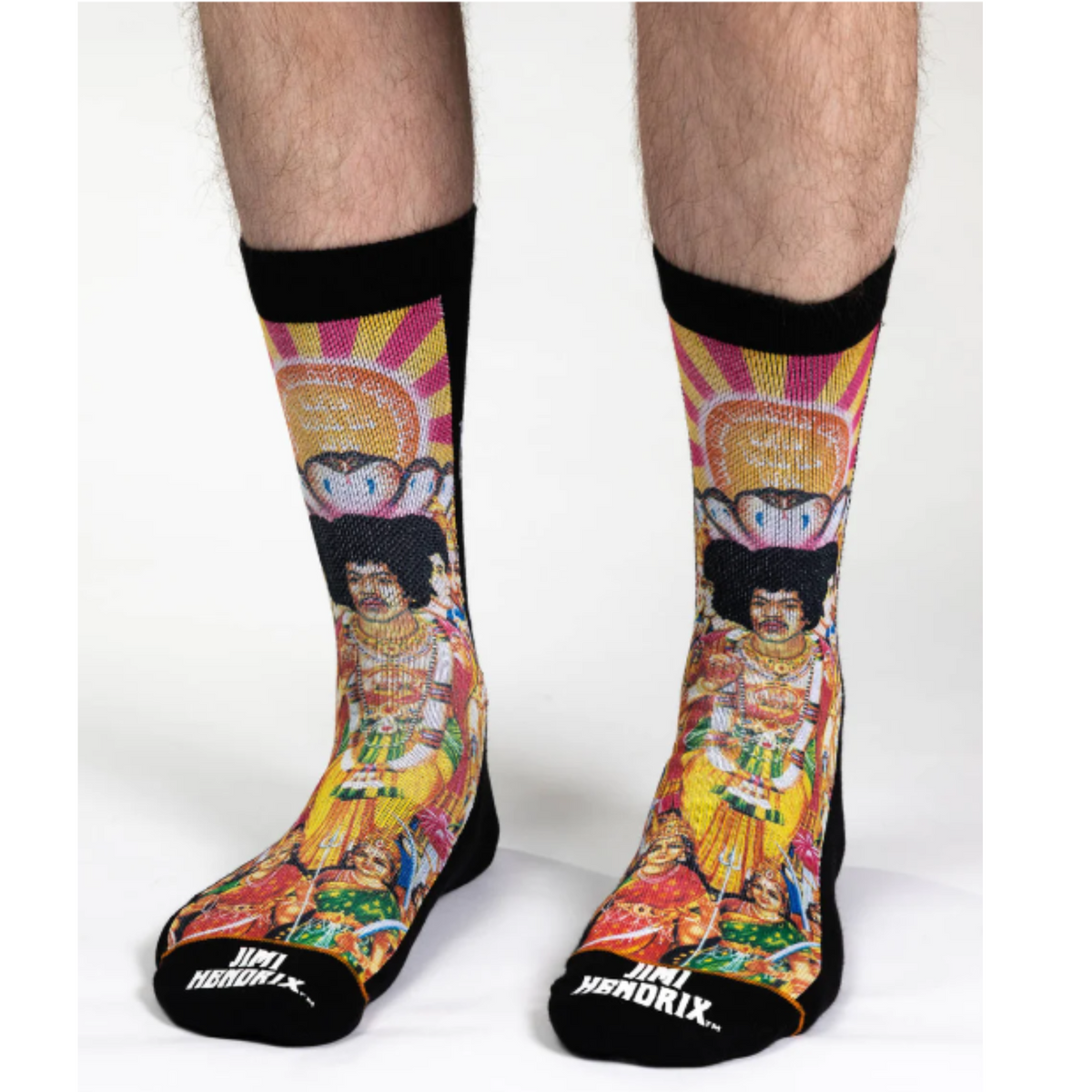 Good Luck Sock Jimi Hendrix, Axis: Bold As Love men&#39;s crew sock featuring album art from Jimi Hendrix Experience Axis Bold As Love. Socks worn by model. 