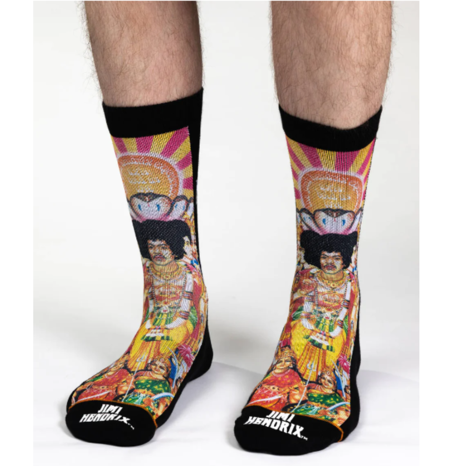 Good Luck Sock Jimi Hendrix, Axis: Bold As Love men's crew sock featuring album art from Jimi Hendrix Experience Axis Bold As Love. Socks worn by model. 