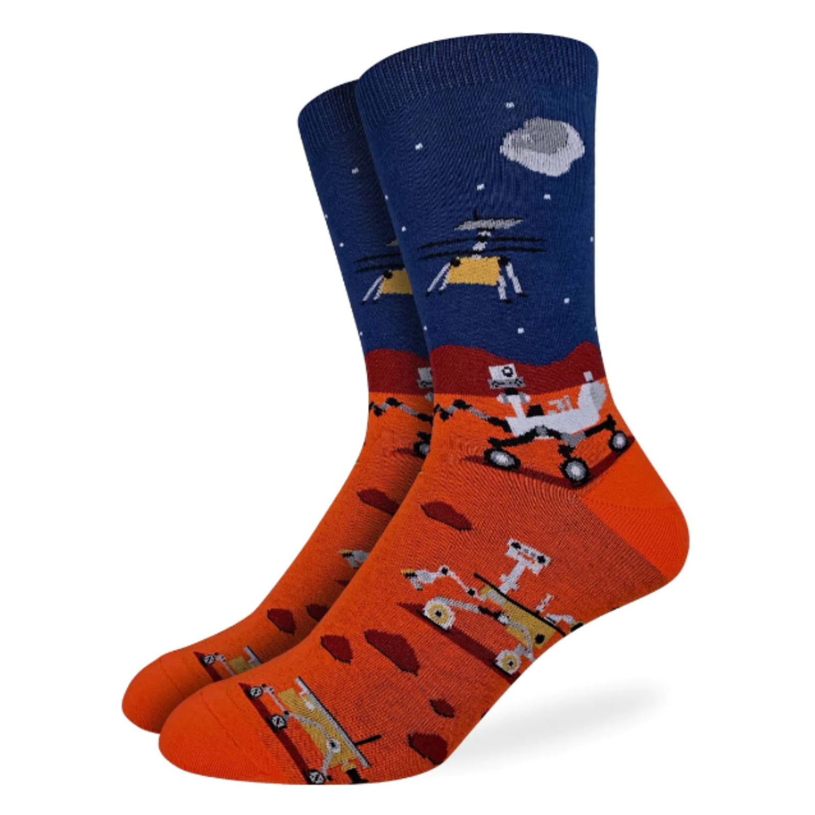 Good Luck Sock Mars Rover men's crew sock featuring blue outer space and red Mars with images of Oppie the NASA martian lander. Shown on display feet. 