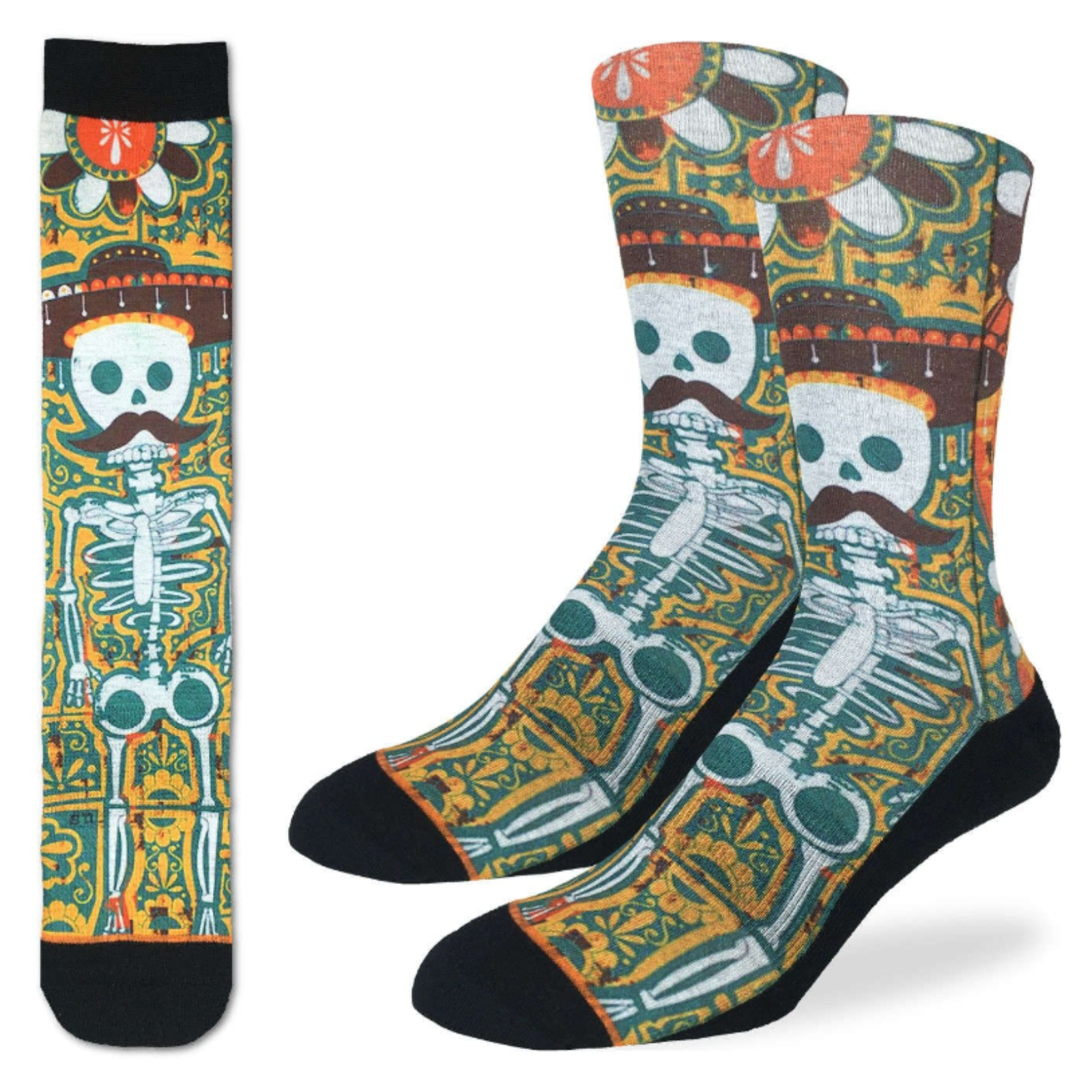 Good Luck Sock Mr. Bones men's crew sock featuring skeleton wearing mexican sombrero. Socks shown on display feet. 