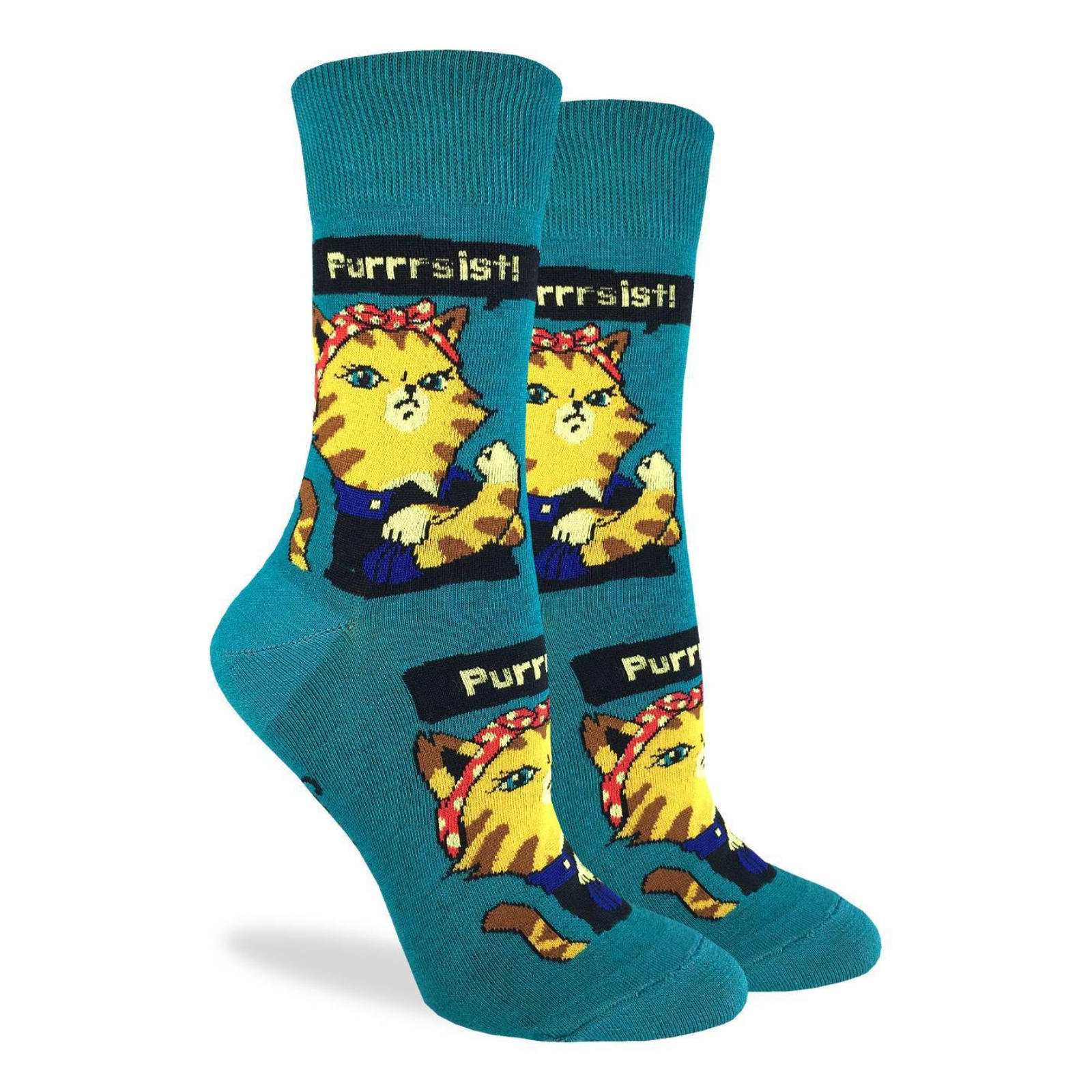 Good Luck Sock Purrsist women's teal crew sock featuring cat dressed as Rosie the Riveter saying "Purrrsist!"