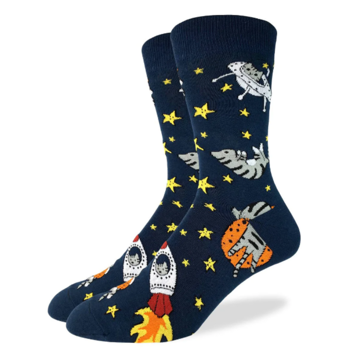 Good Luck Sock Space Cat men&#39;s crew sock featuring navy blue sock with cats and stars and rocket ships all over. Show on display feet. 
