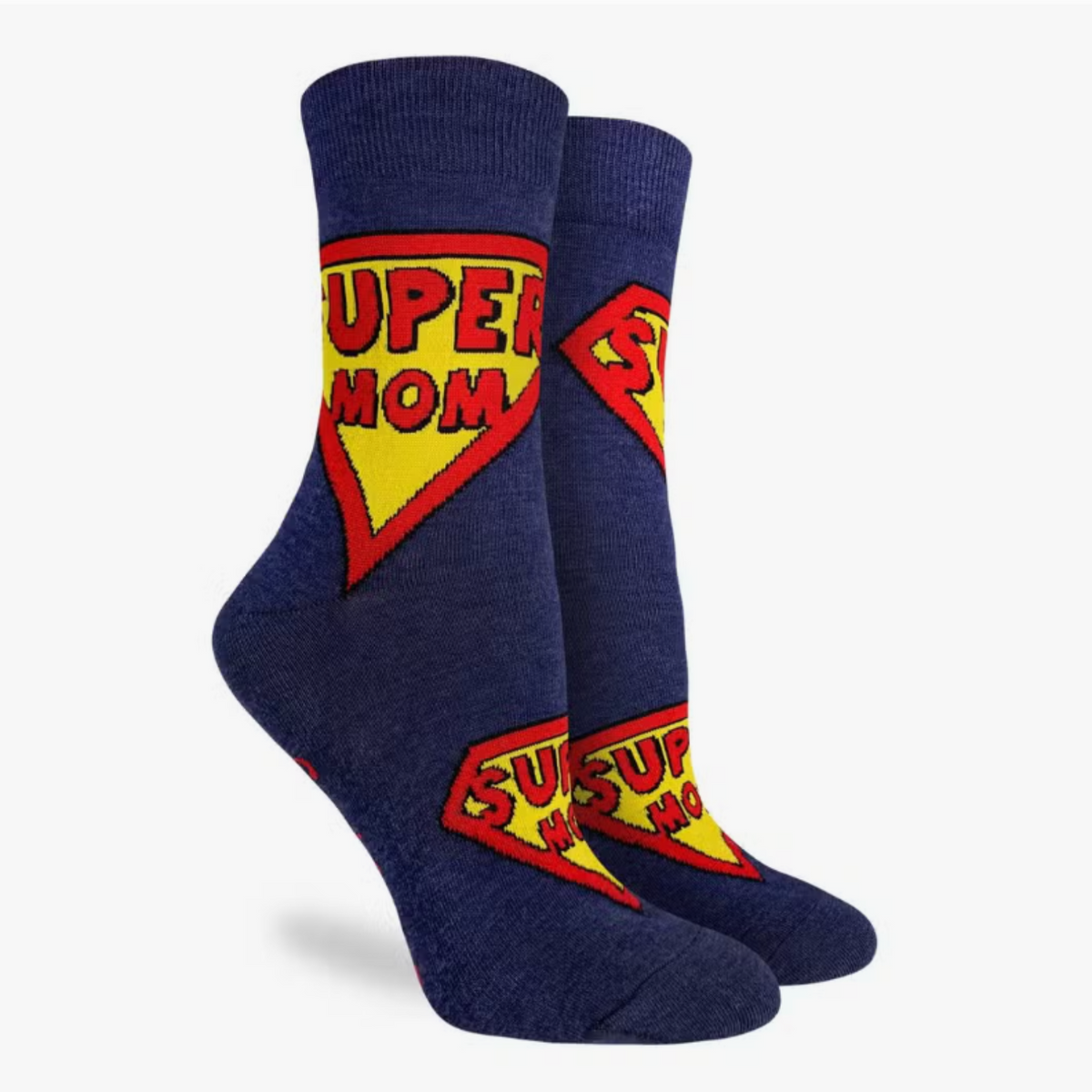 Good Luck Sock Super Mom women&#39;s crew sock featuring navy blue sock with &quot;Super Mom&quot; in red with yellow background on ankle and top of foot. Sock shown on display feet. 