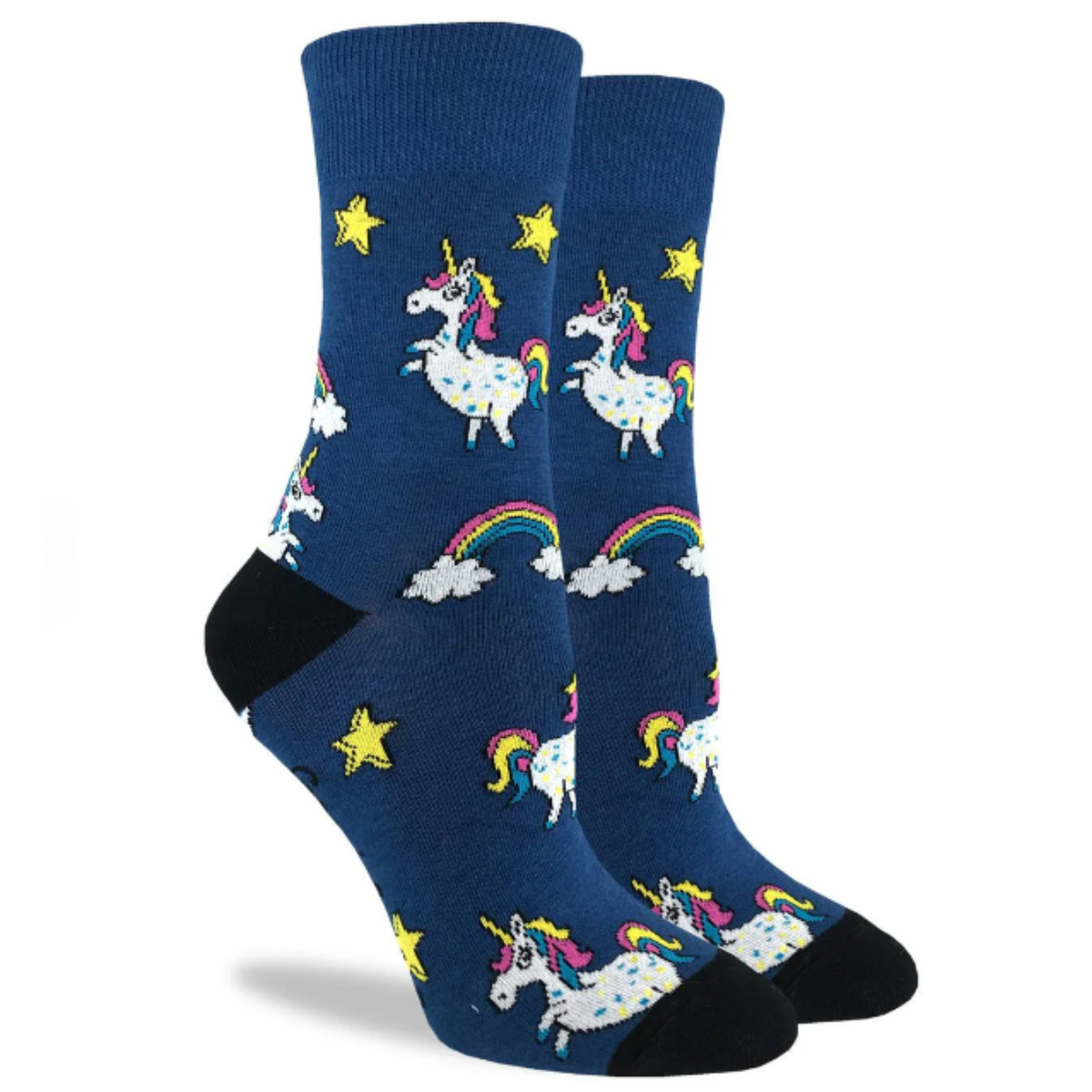 Good Luck Sock Unicorn women&#39;s crew sock featuring navy blue sock with cartoon unicorns and rainbows all over. Socks shown on display feet.. 