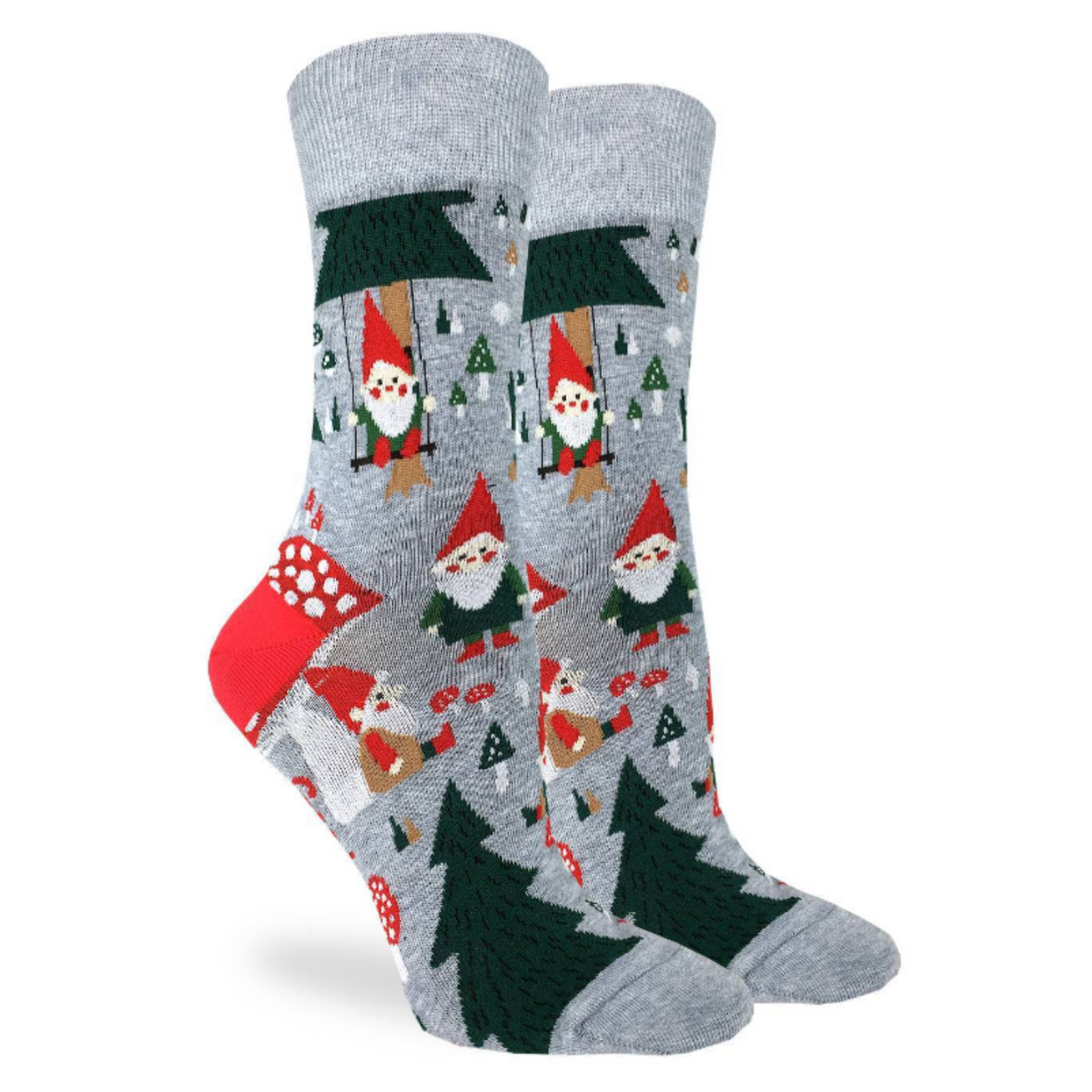 Good Luck Sock Woodland Gnomes women&#39;s and men&#39;s crew socks featuring gray sock with gnomes in red hats, mushrooms, and trees all over. Socks shown on display feet.  