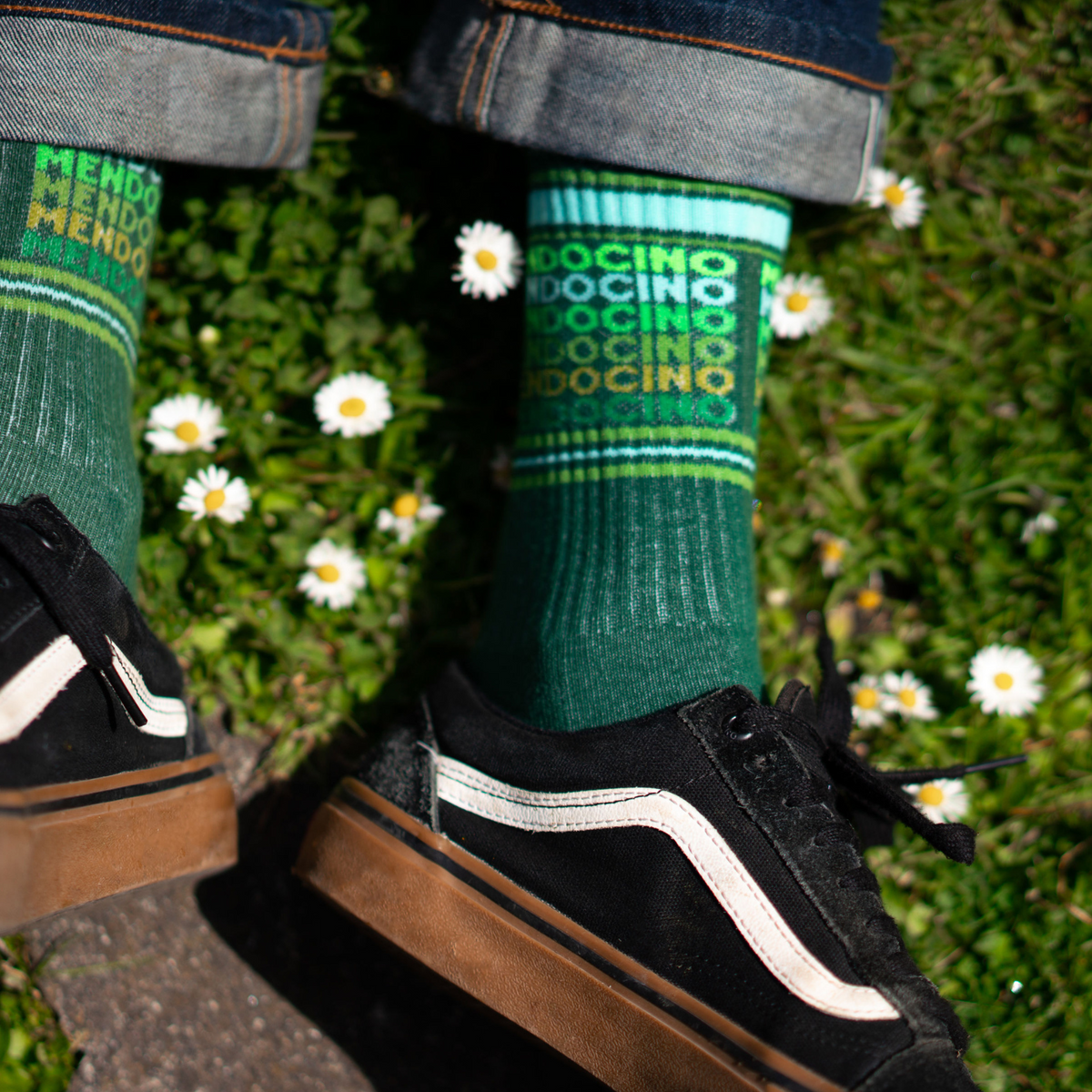 Gumball Poodle Mendocino women&#39;s and men&#39;s sock featuring &quot;Mendocino&quot; in green gradients on green sock on model&#39;s foot