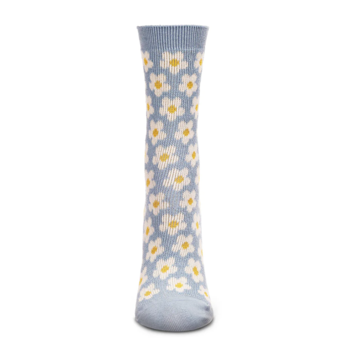 MeMoi Mod Sweet Daisy Crew women&#39;s sock featuring light blue sock with white Daisys all over on display from front