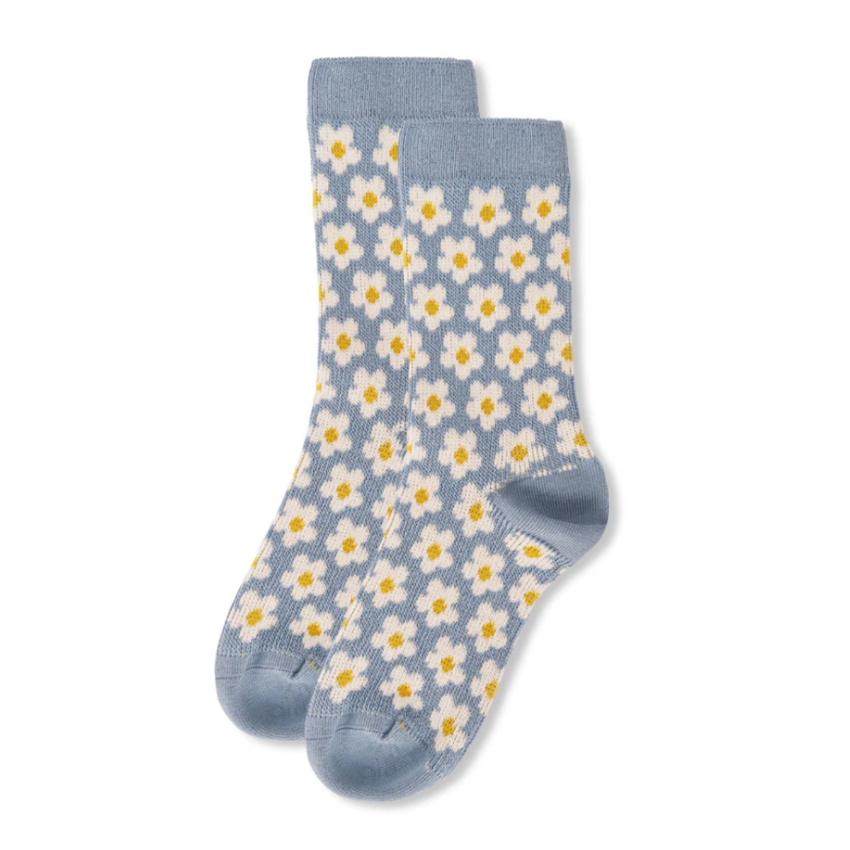 MeMoi Mod Sweet Daisy Crew women&#39;s sock featuring light blue sock with white Daisys all over on display as a pair