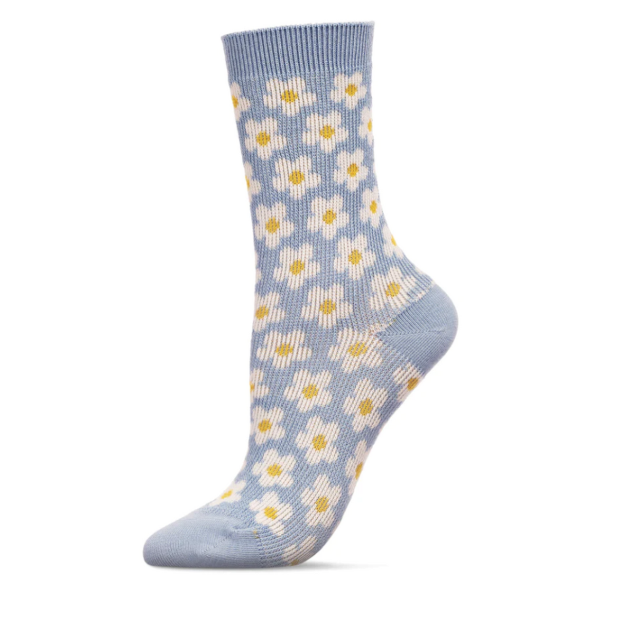MeMoi Mod Sweet Daisy Crew women&#39;s sock featuring light blue sock with white Daisys all over on display from side