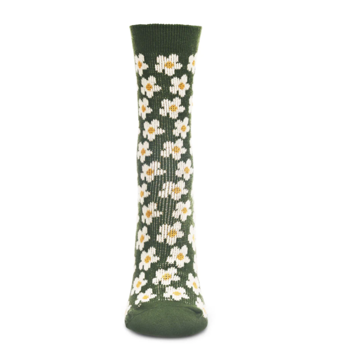 MeMoi Mod Sweet Daisy Crew women&#39;s sock featuring forest green sock with white Daisys all over on display from front