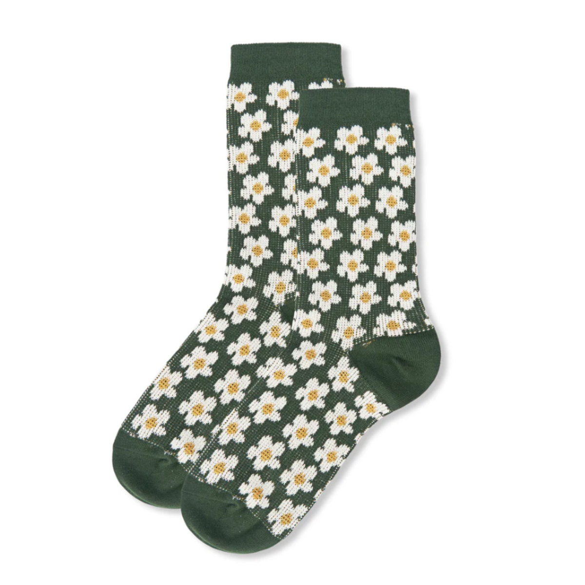 MeMoi Mod Sweet Daisy Crew women&#39;s sock featuring forest green sock with white Daisys all over on display as a pair