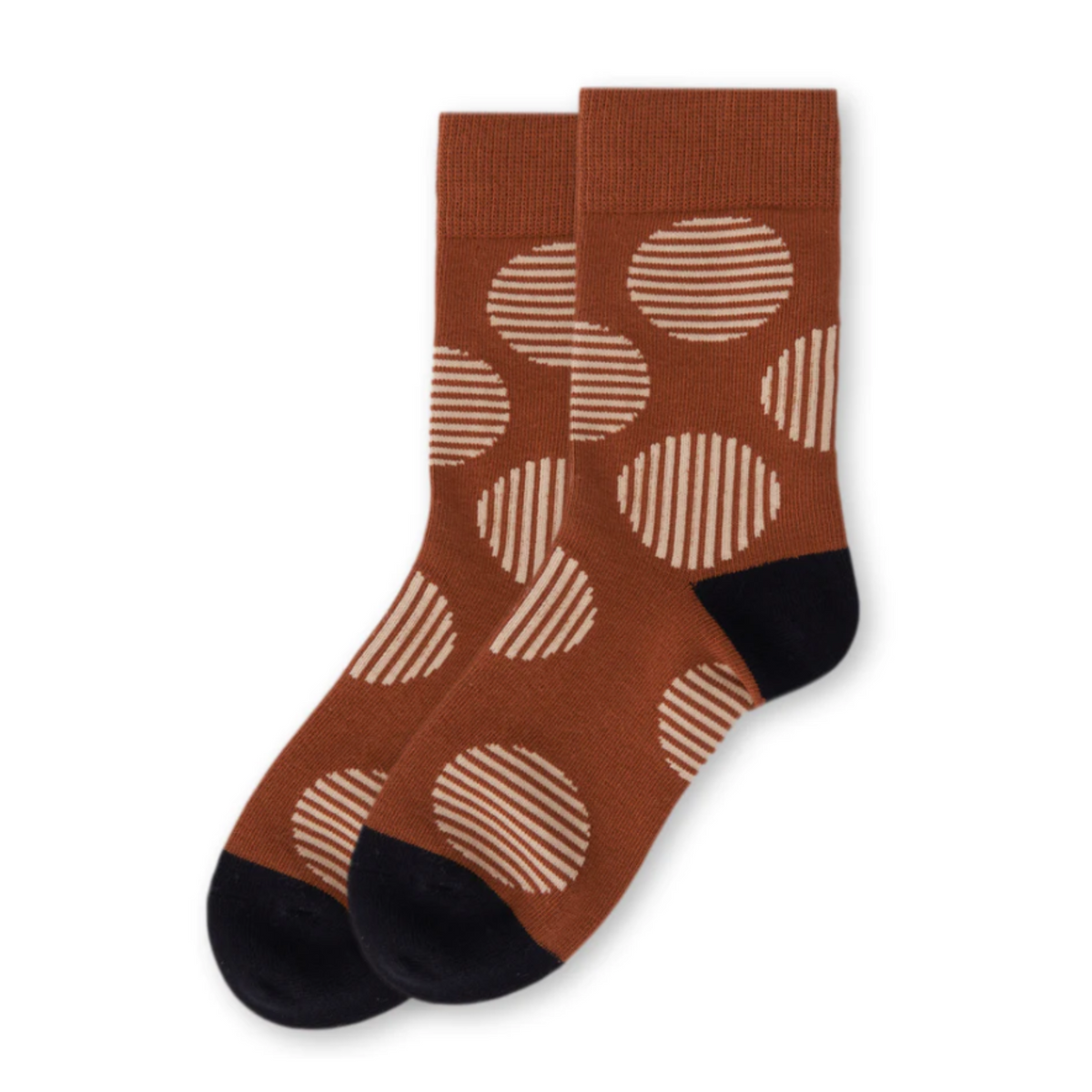 MeMoi Retro Circle women&#39;s Crew sock featuring brown sock with beige stripes in circle patterns all over. Socks shown on display laying flat.