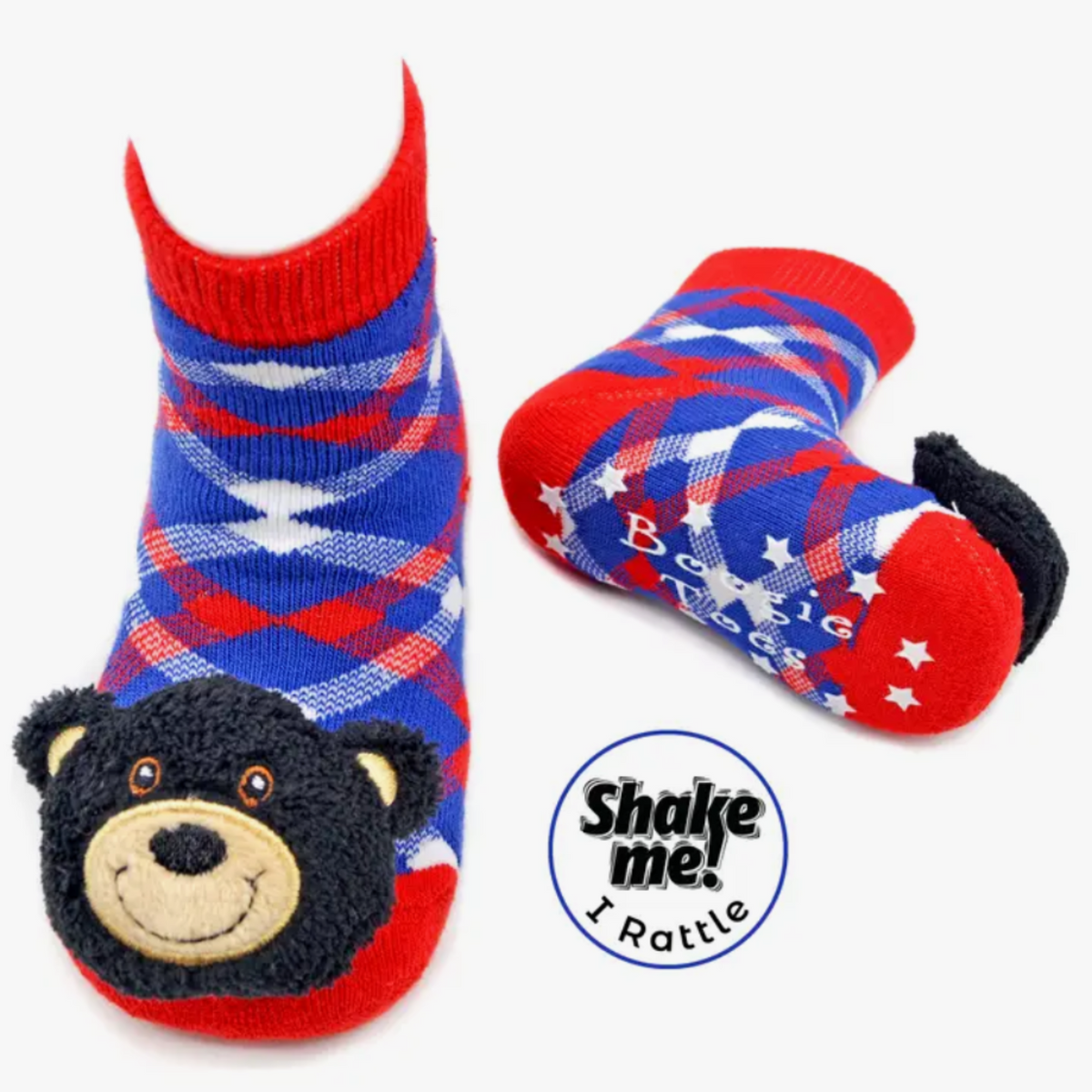Piero Liventi Boogie Toes rattle baby sock featuring red, blue, and white stripe sock with red cuff, heel, and toe and brown bear on display