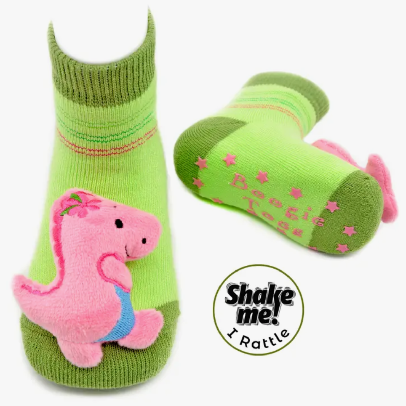 Piero Liventi Boogie Toes rattle baby sock featuring green sock with pink dinosaur on display feet